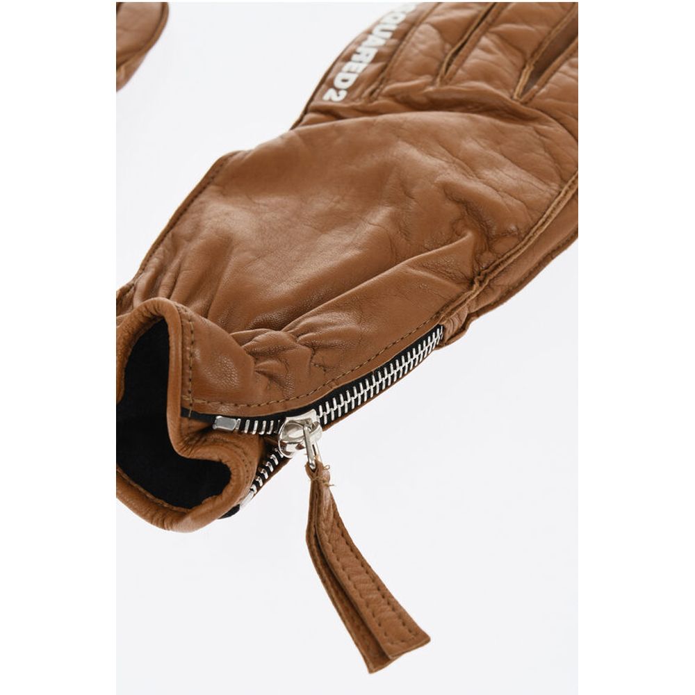 Dsquared² Leather Gloves With Half Zip and Embossed Logo
