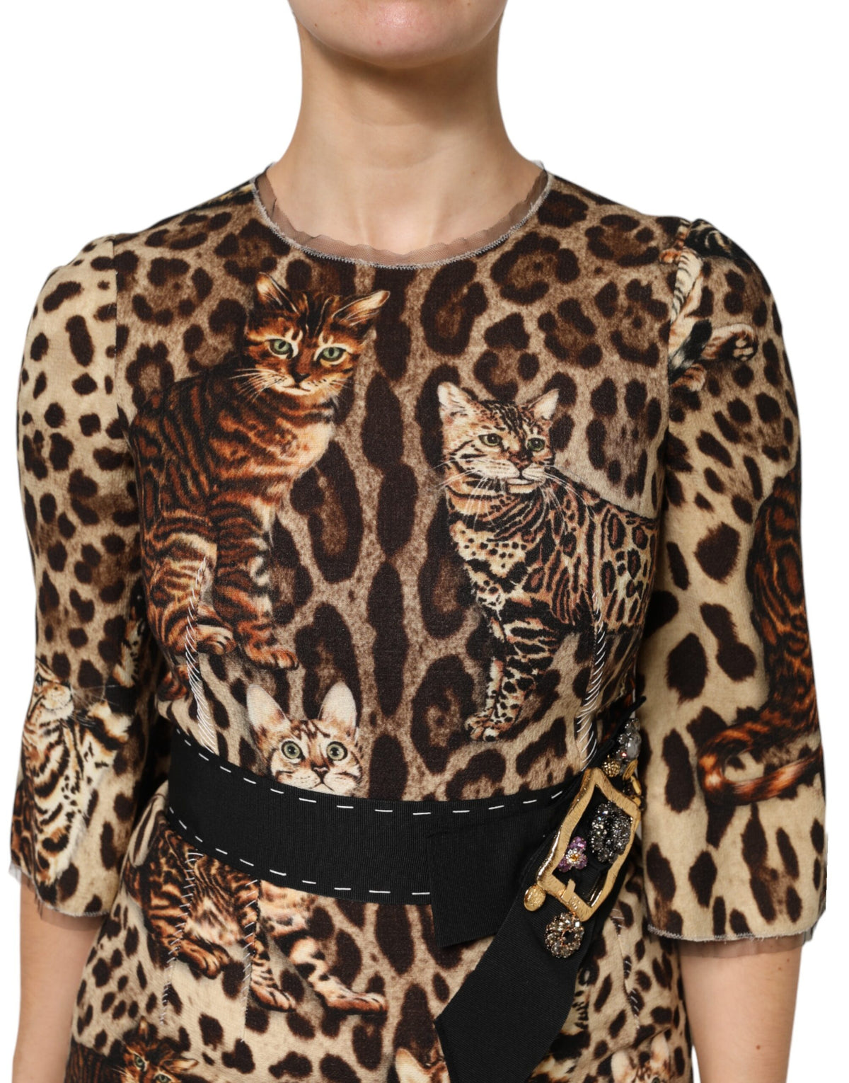 Dolce & Gabbana Brown Leopard Print Belted A-line Midi Dress