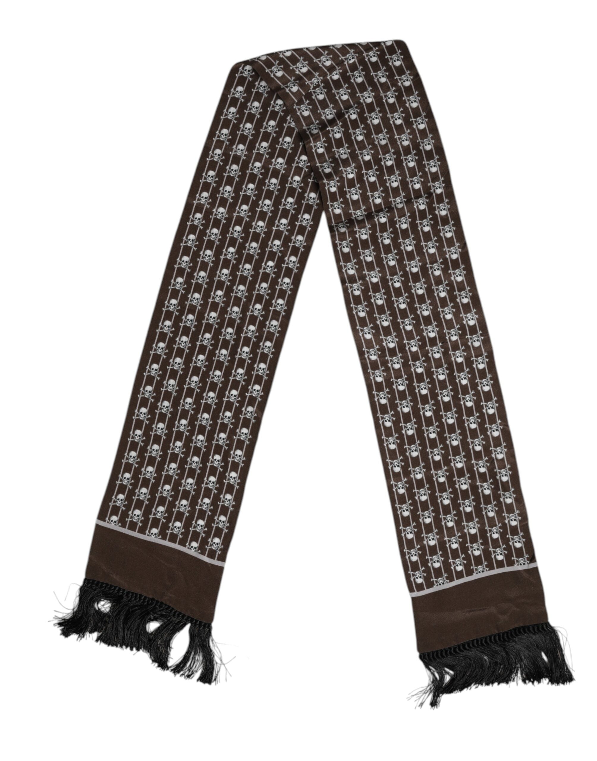 Dolce & Gabbana Brown Skulls Print Fringes Men Foulard Scarf