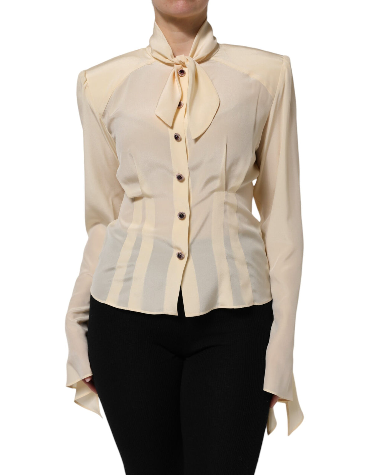 Dolce & Gabbana Light Yellow Ascot Collar Buttoned Blouse Top