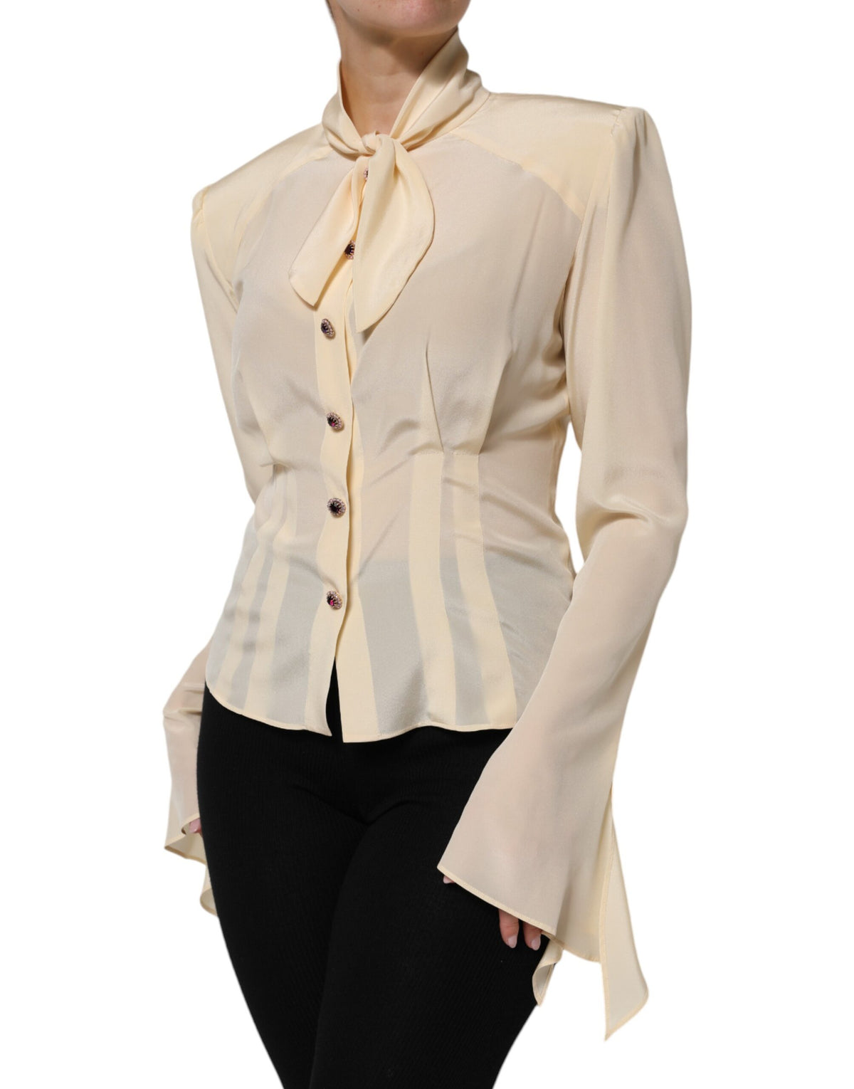 Dolce & Gabbana Light Yellow Ascot Collar Buttoned Blouse Top