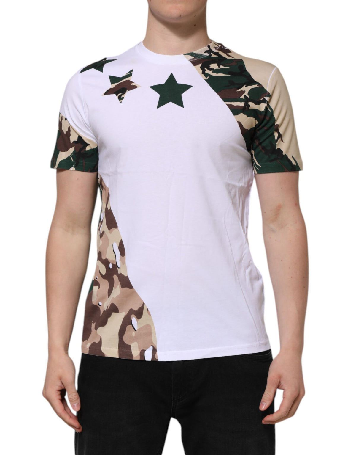 Dolce & Gabbana White Camouflage Cotton Men Crew Neck T-shirt