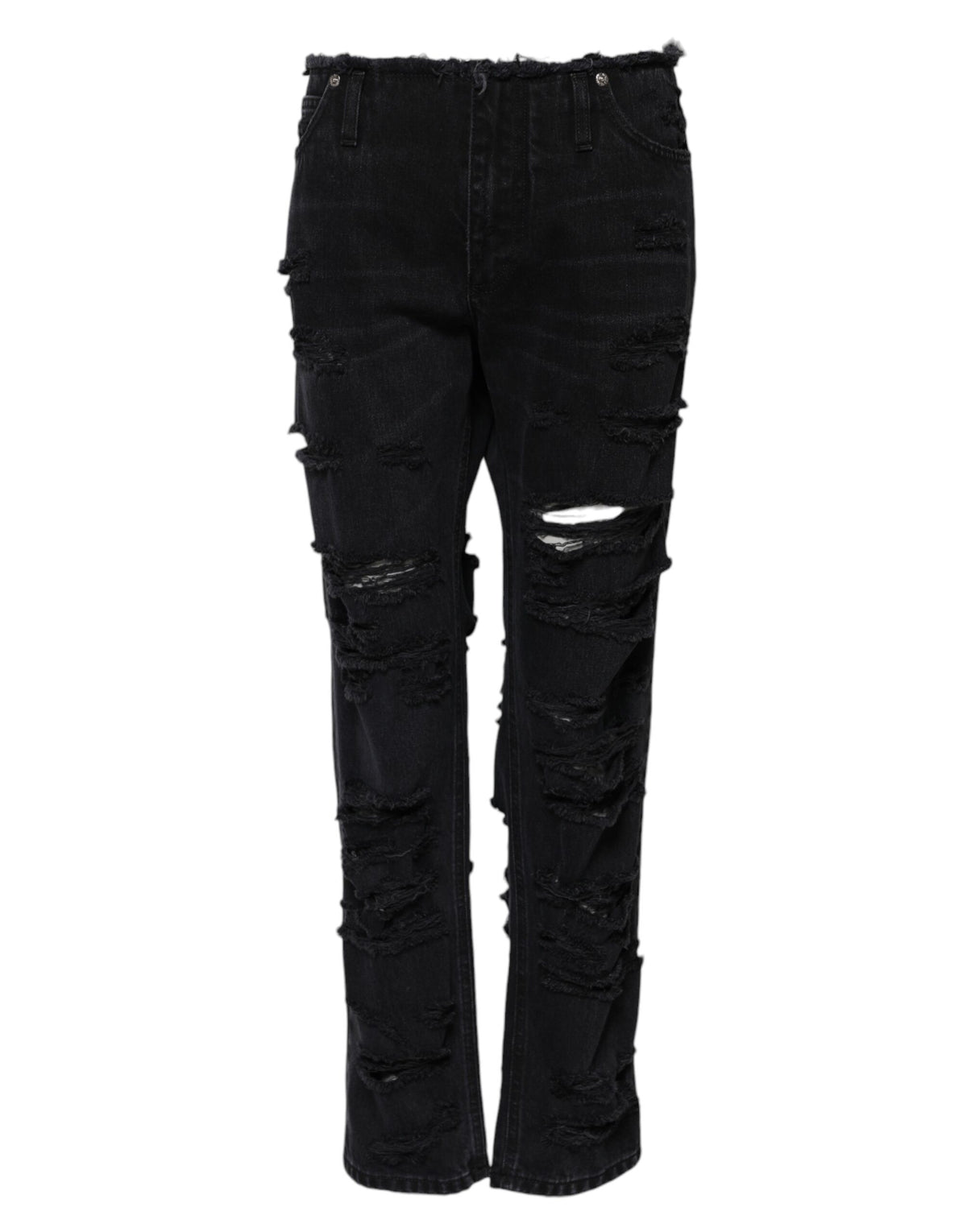 Dolce & Gabbana Black Cotton Tattered Mid Waist Denim Jeans