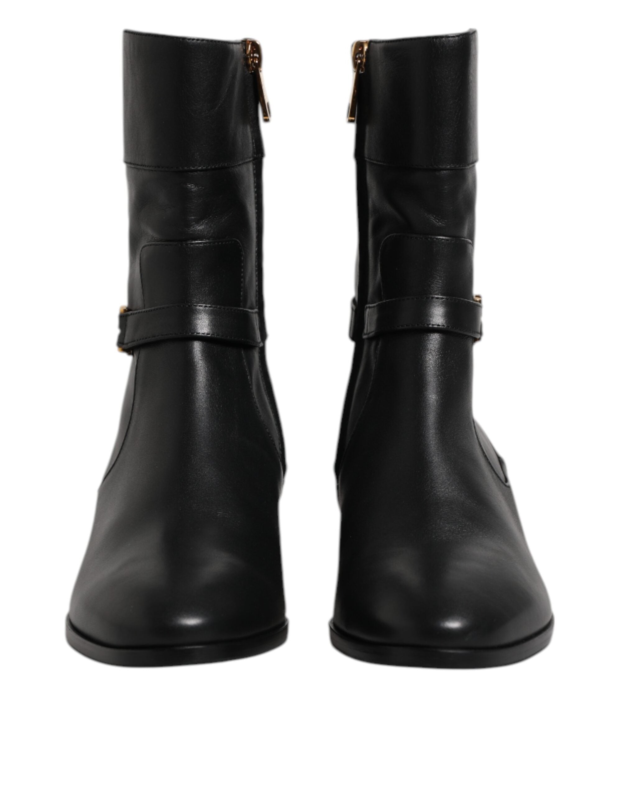 Dolce & Gabbana Black Leather Flats Logo Short Boots Shoes
