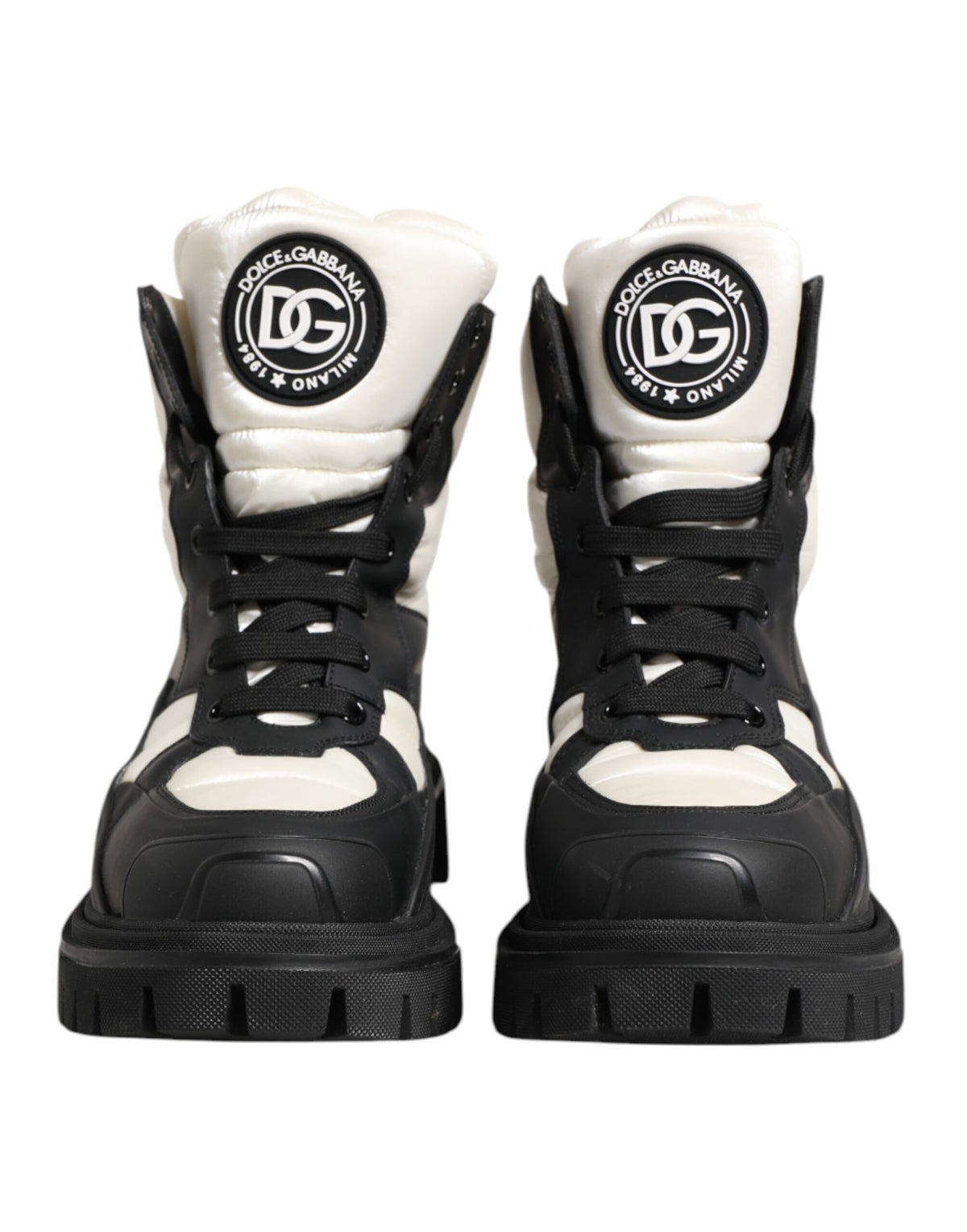 Dolce & Gabbana Black White Padded Lace Up Short Boots Shoes