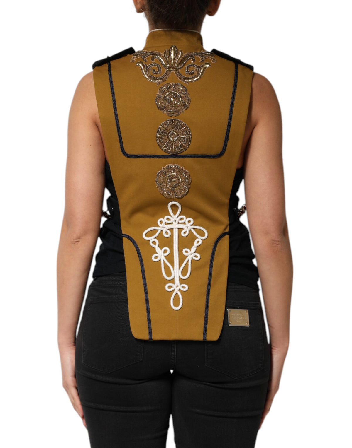 Dolce & Gabbana Yellow Crystal Cross Runway Vest Jacket Top