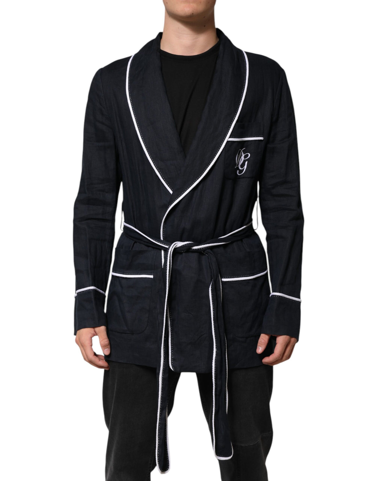 Dolce & Gabbana Dark Blue DG Embroidery Jacket Robe Blazer