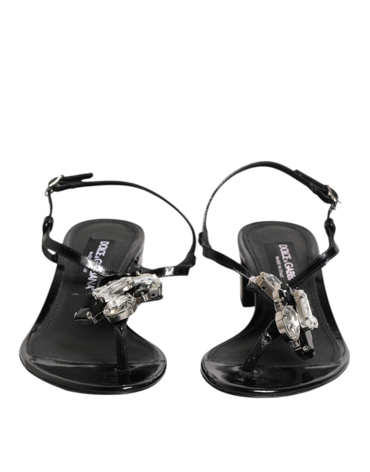 Dolce & Gabbana Black Leather Crystal Ankle Strap Sandals Shoes