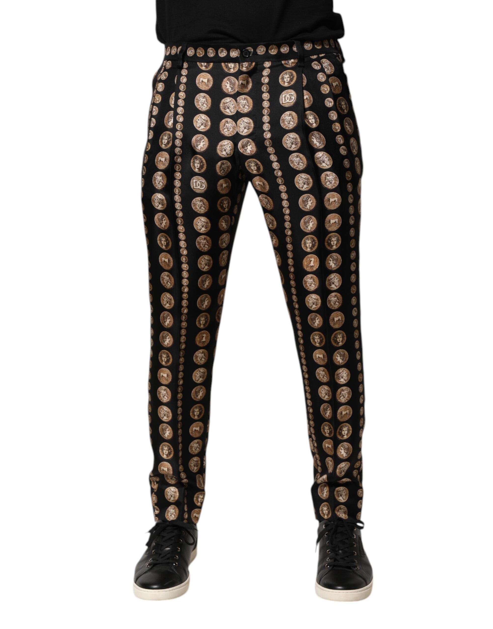 Dolce & Gabbana Black Coin Print Silk Skinny Men Trouser Pants