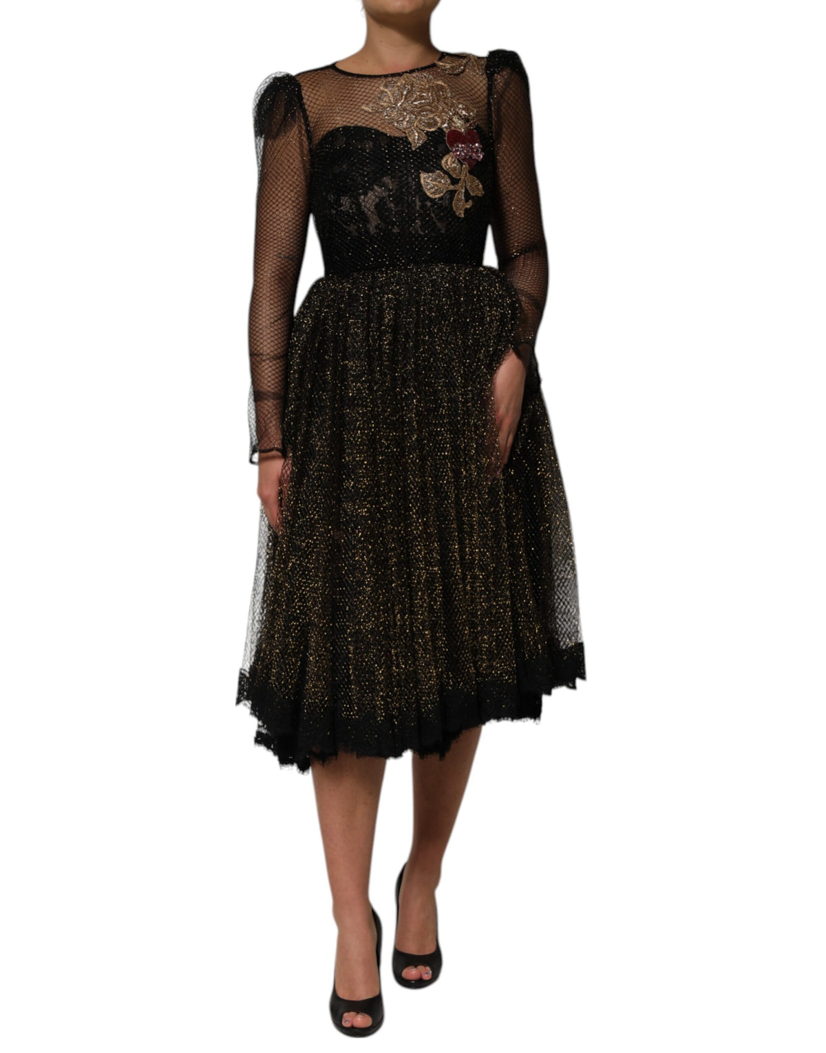 Dolce & Gabbana Black Crystal Heart Embellished A-line Dress
