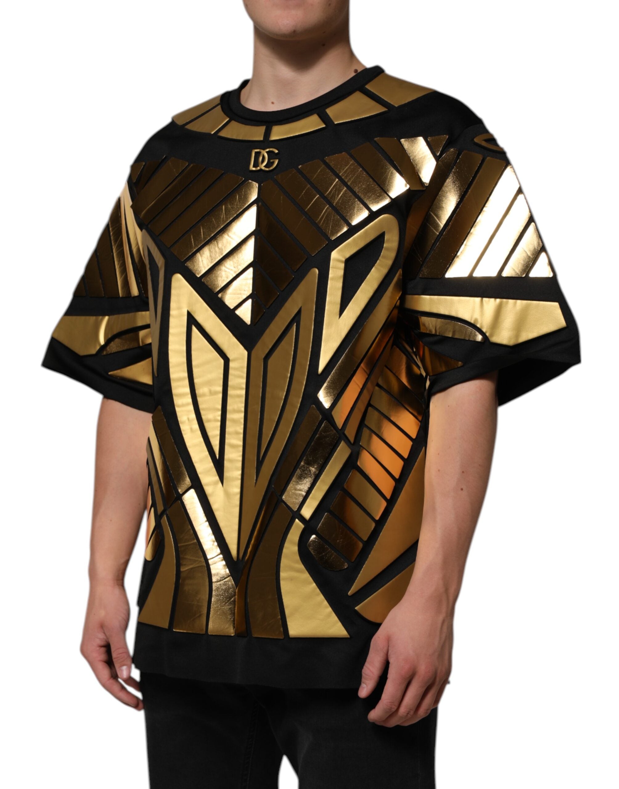 Dolce & Gabbana Black Metallic Print Nylon Crewneck T-shirt