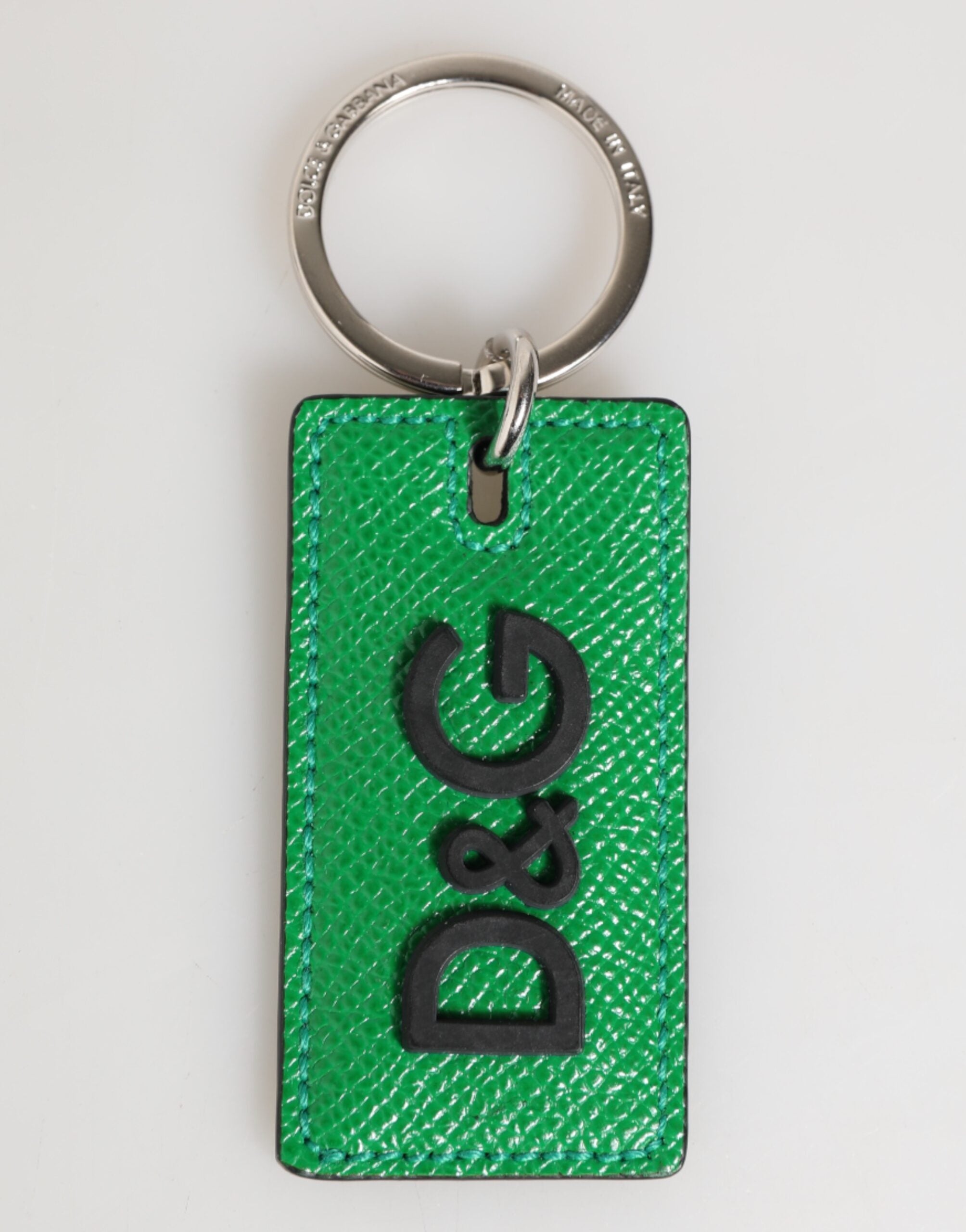 Dolce & Gabbana Green Leather Logo Metal Ring Keychain Holder Men Keyring