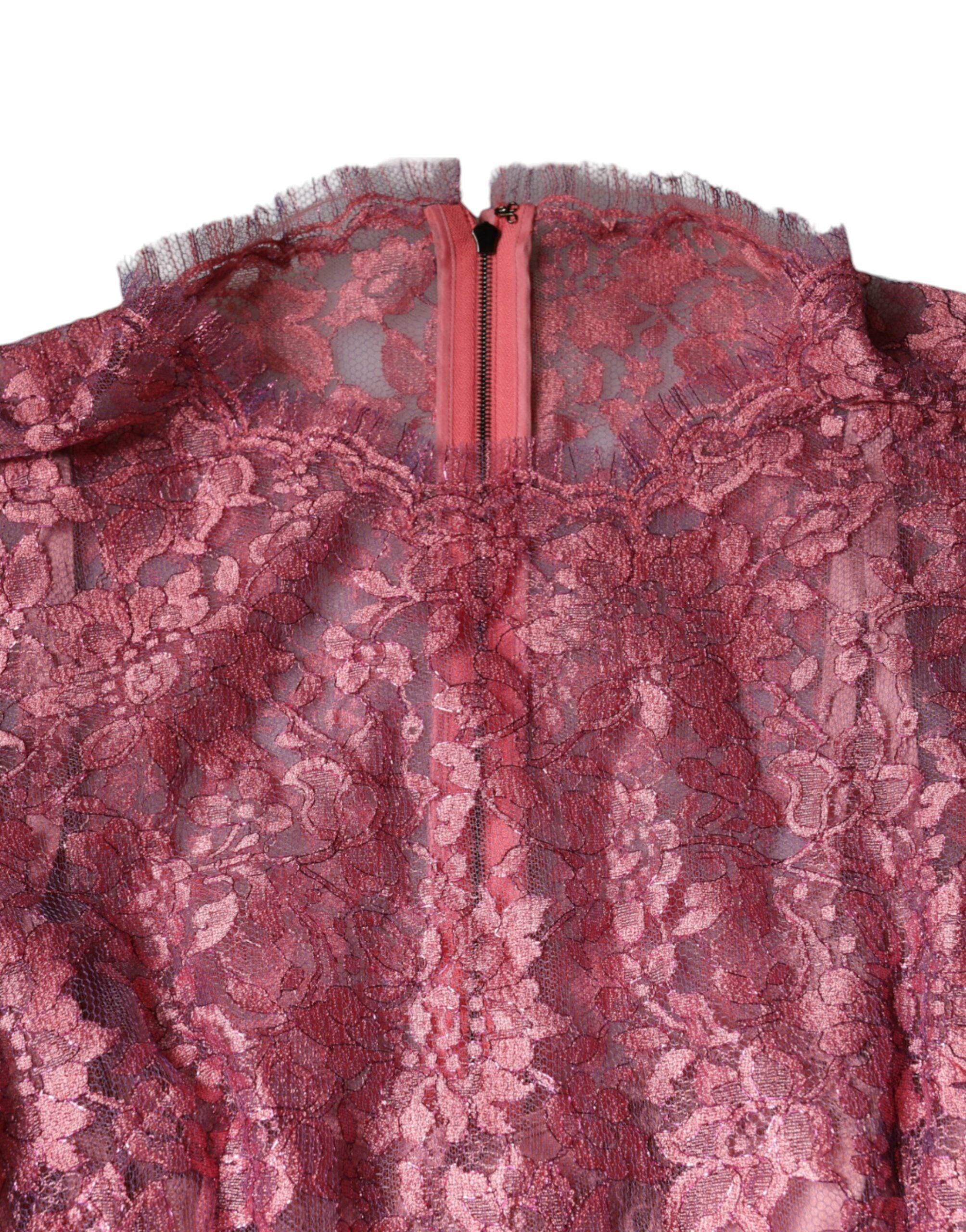 Dolce & Gabbana Pink Floral Lace Long Sleeve Midi Dress