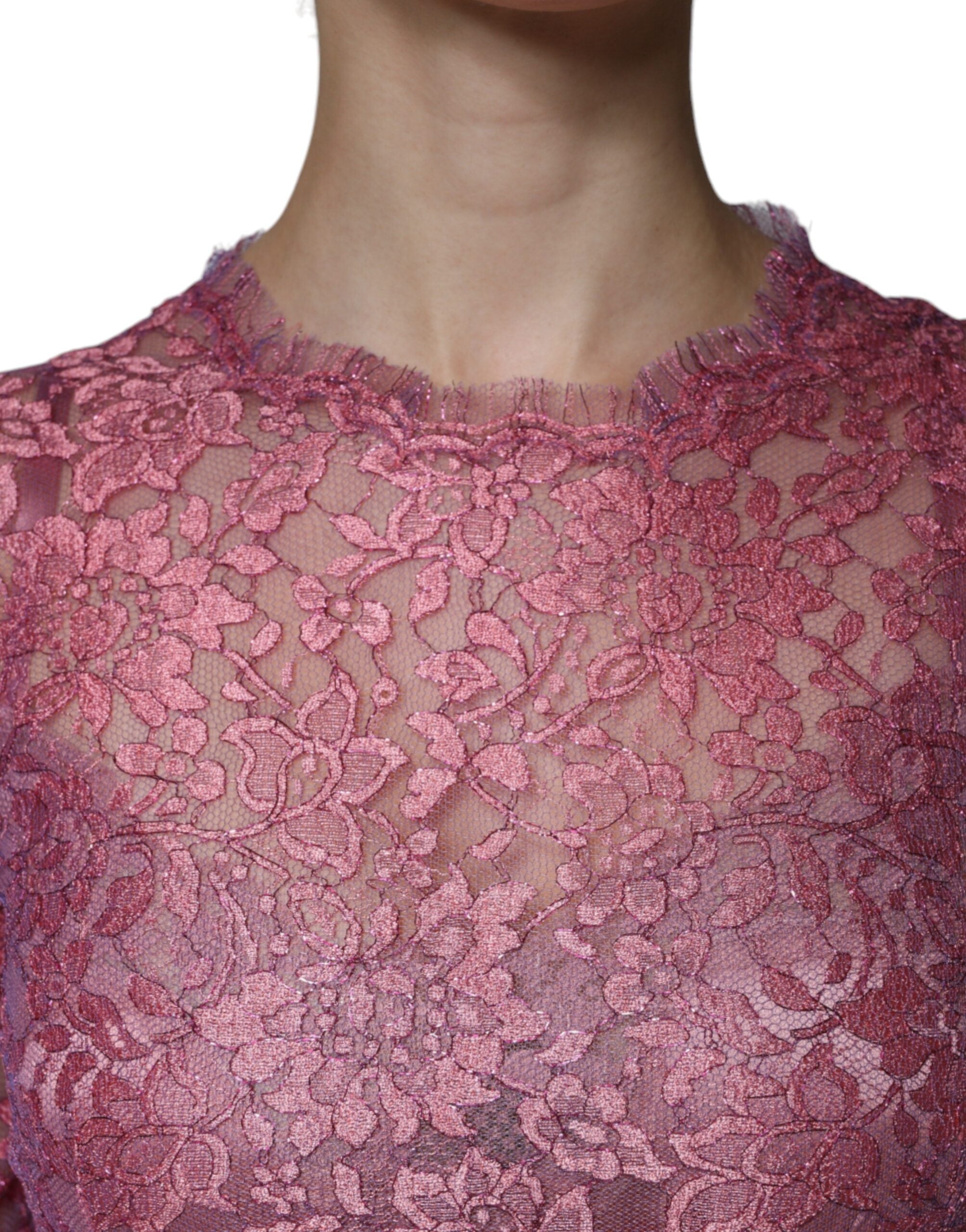 Dolce & Gabbana Pink Floral Lace Long Sleeve Midi Dress