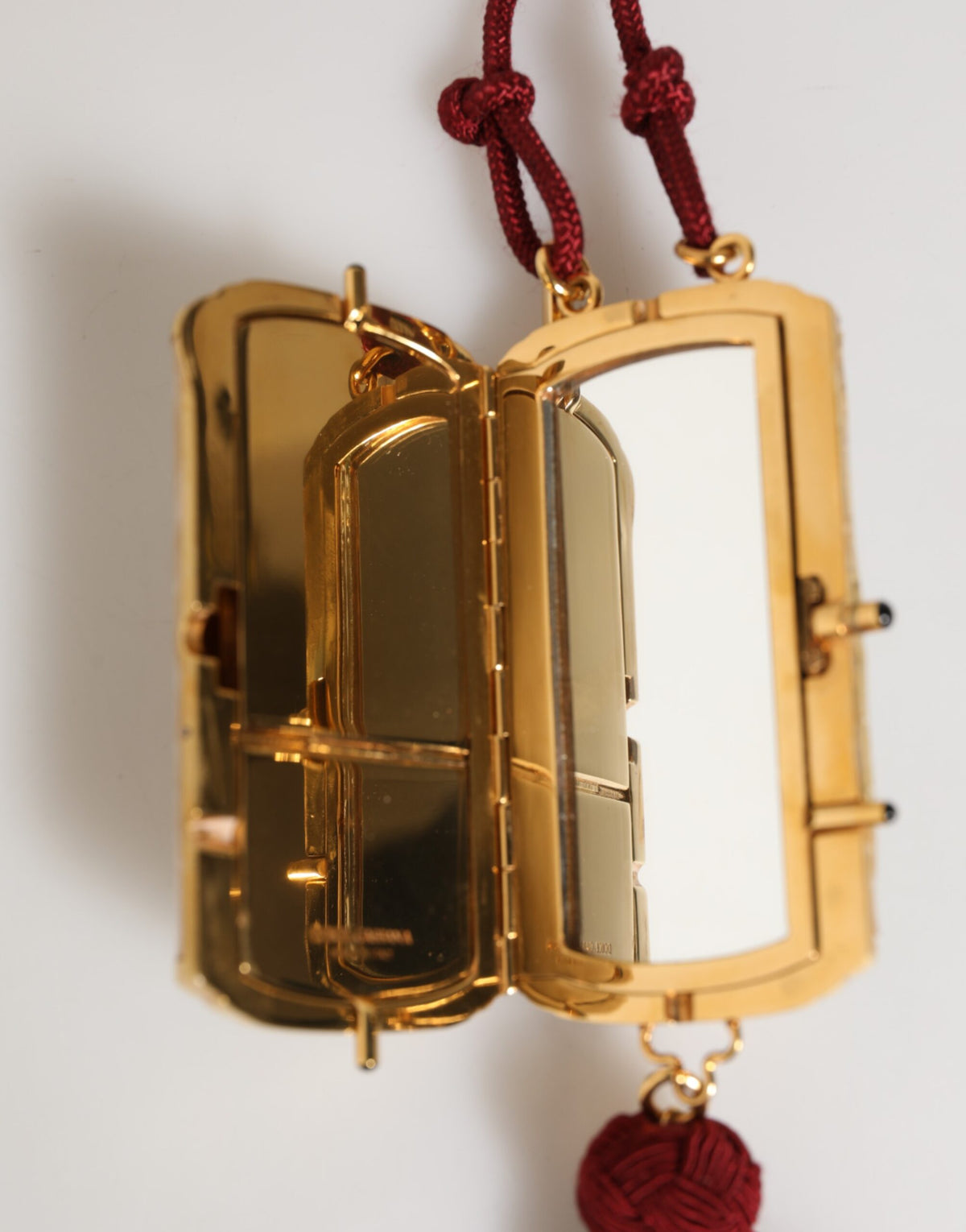 Dolce & Gabbana White Pearl Resin Gold Metal Red Tassel Pendant Bag