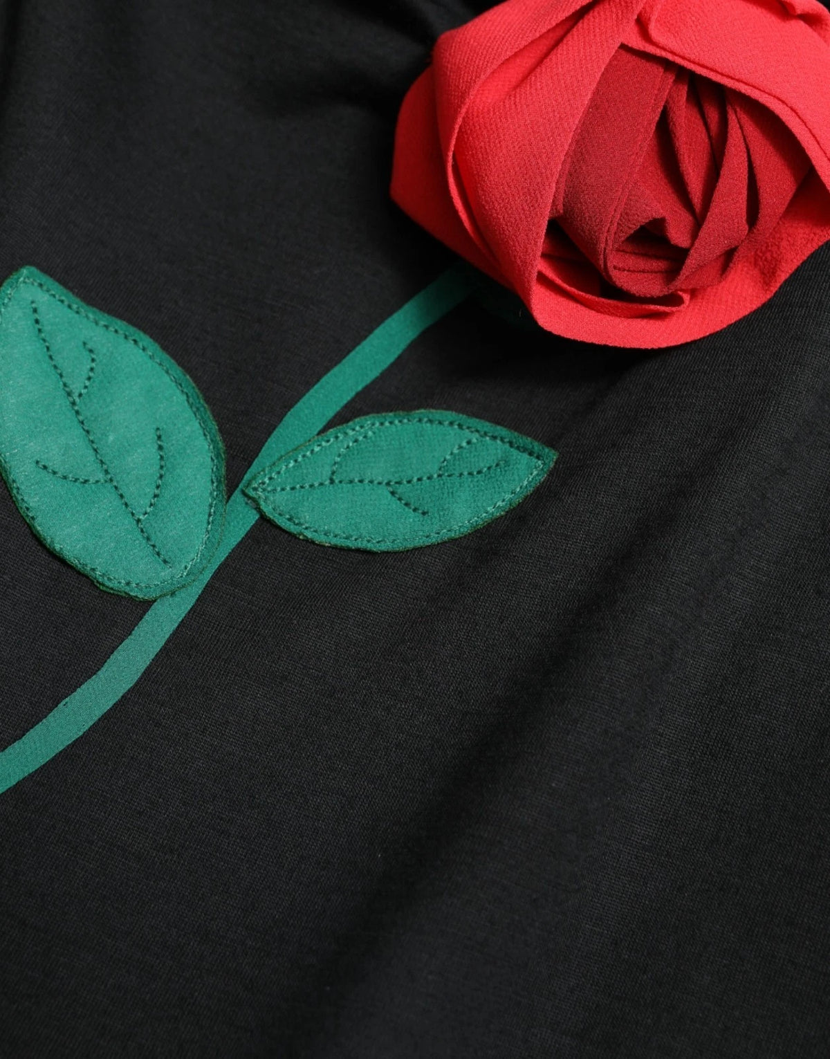 Dolce & Gabbana Black Wool Sleeveless Rose Applique Dress