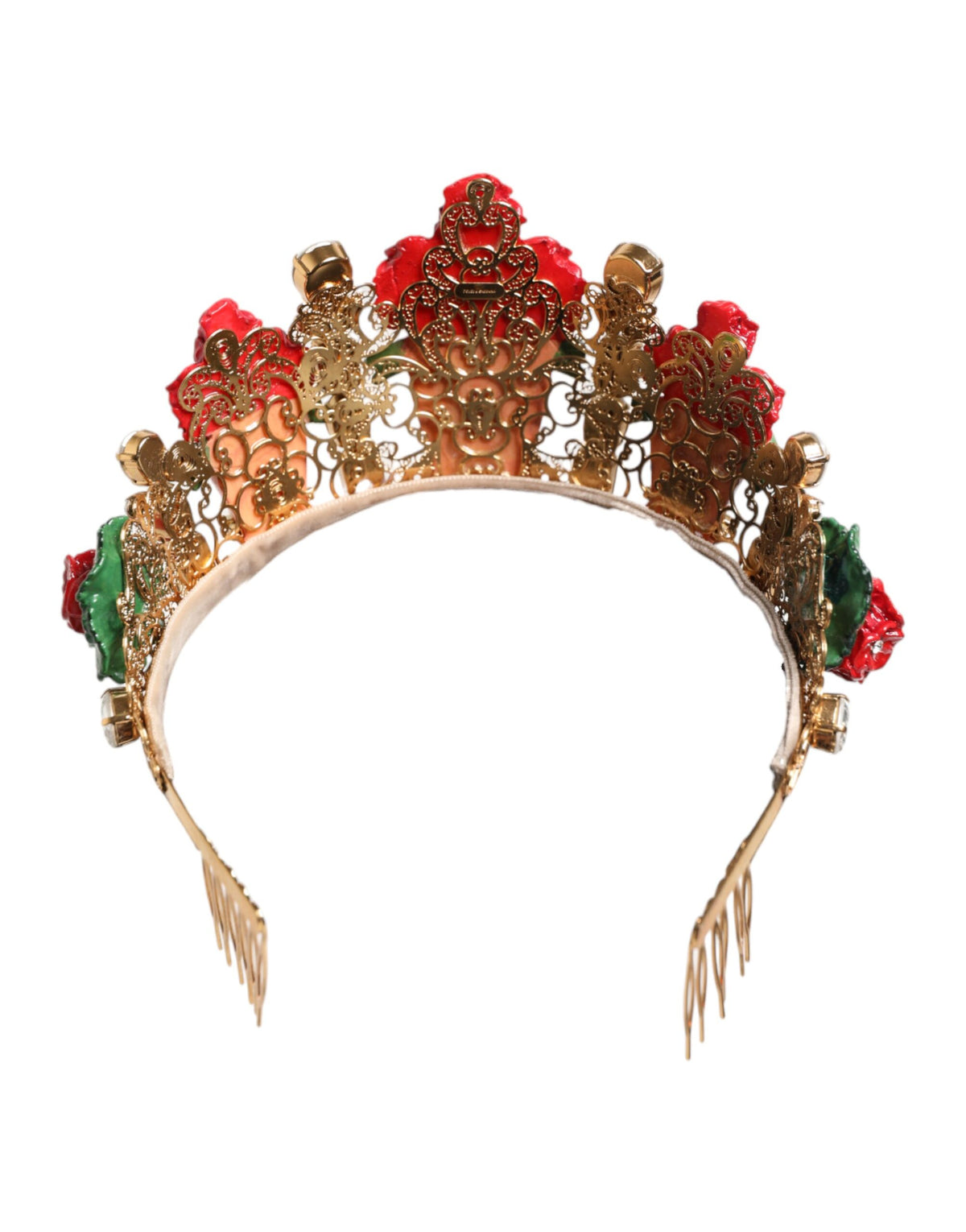 Dolce & Gabbana Red Floral Flowerpot Crystal Gold Crown Tiara Headband
