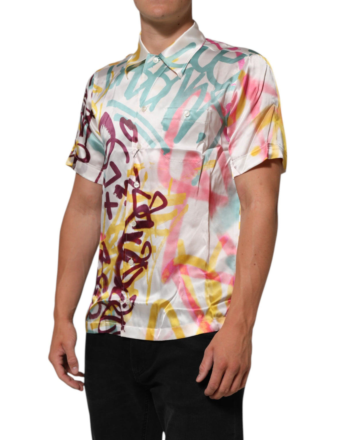 Dolce & Gabbana White Silk Hawaiian Graffiti Print Men Casual Shirt