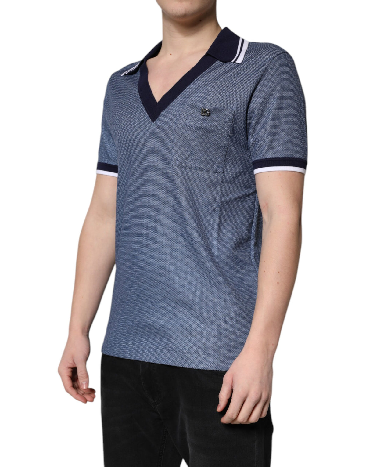 Dolce & Gabbana Blue Collared V-neck Silk Blend Polo T-shirt