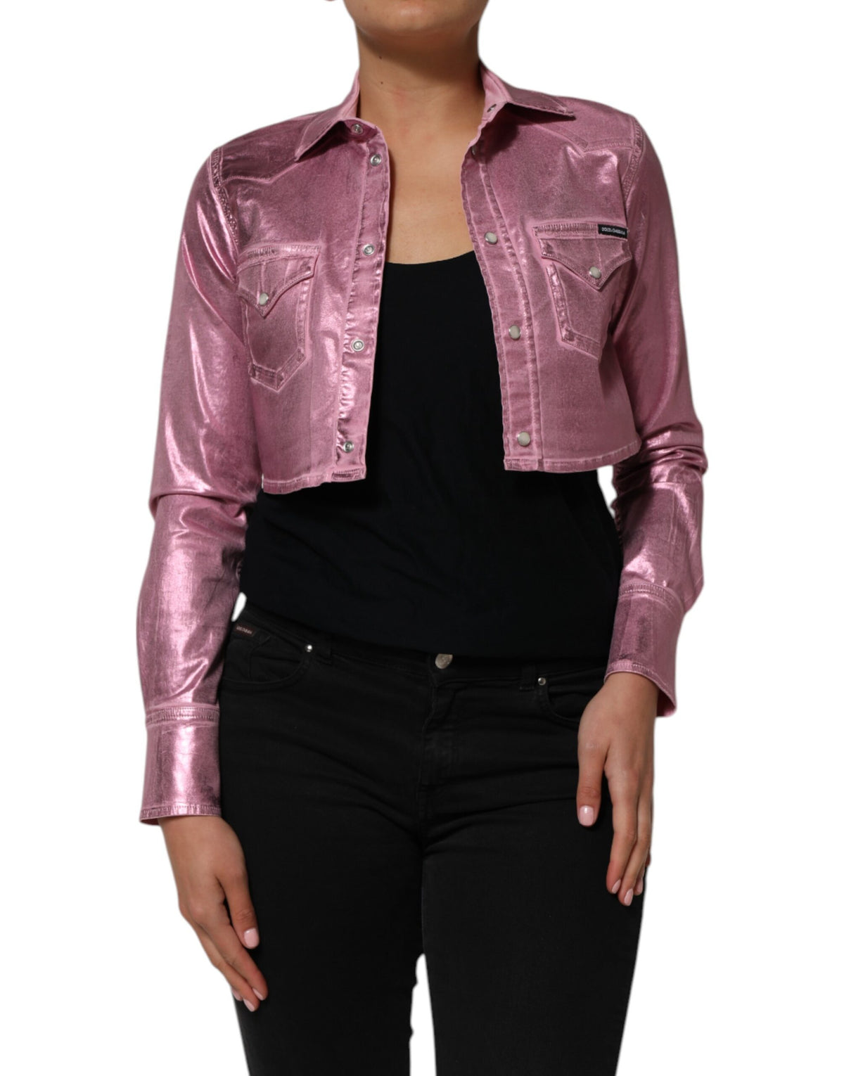 Dolce & Gabbana Pink Cotton Stretch Collared Cropped Jacket