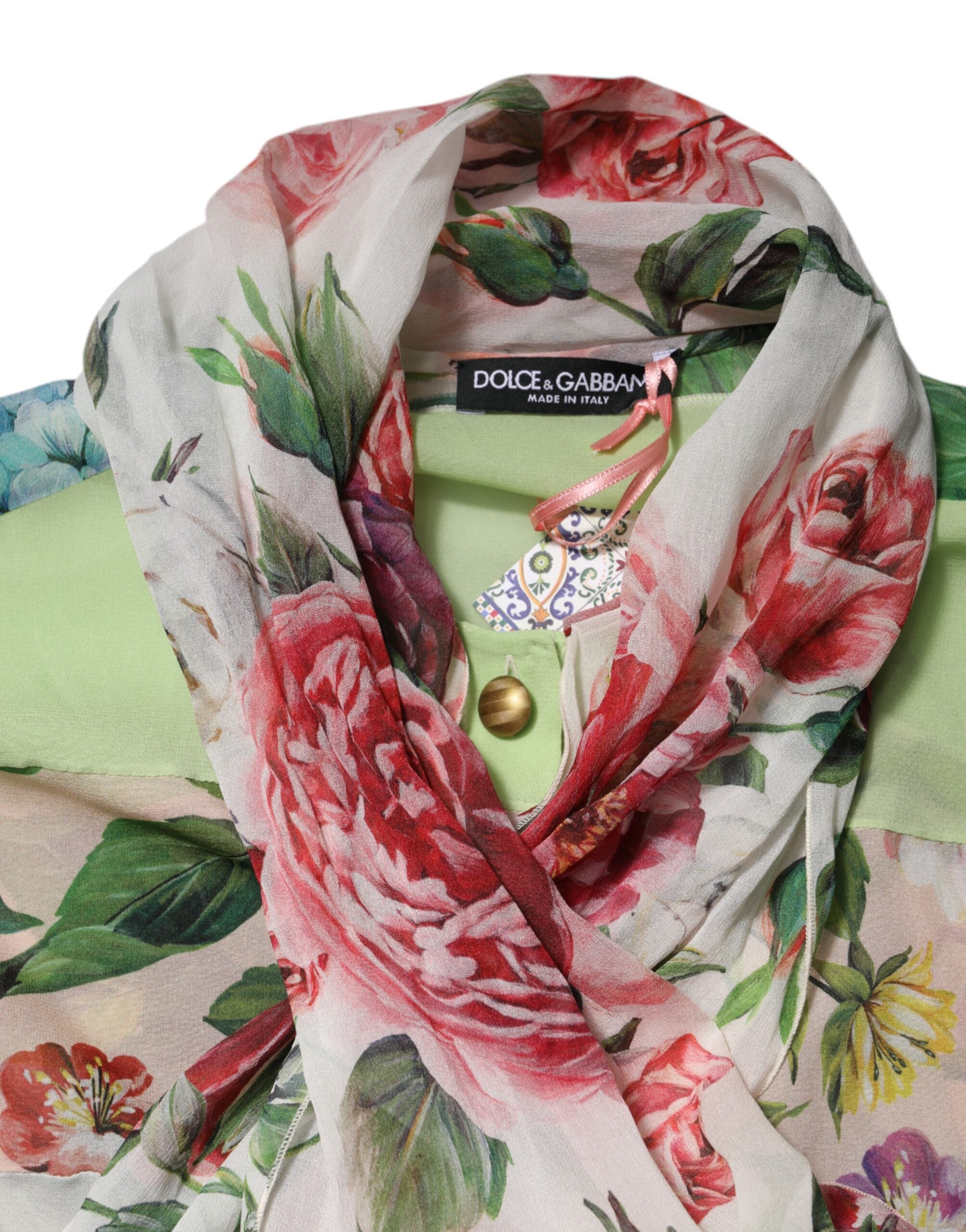 Dolce & Gabbana Multicolor Floral Patchwork Silk Ascot Collar Top