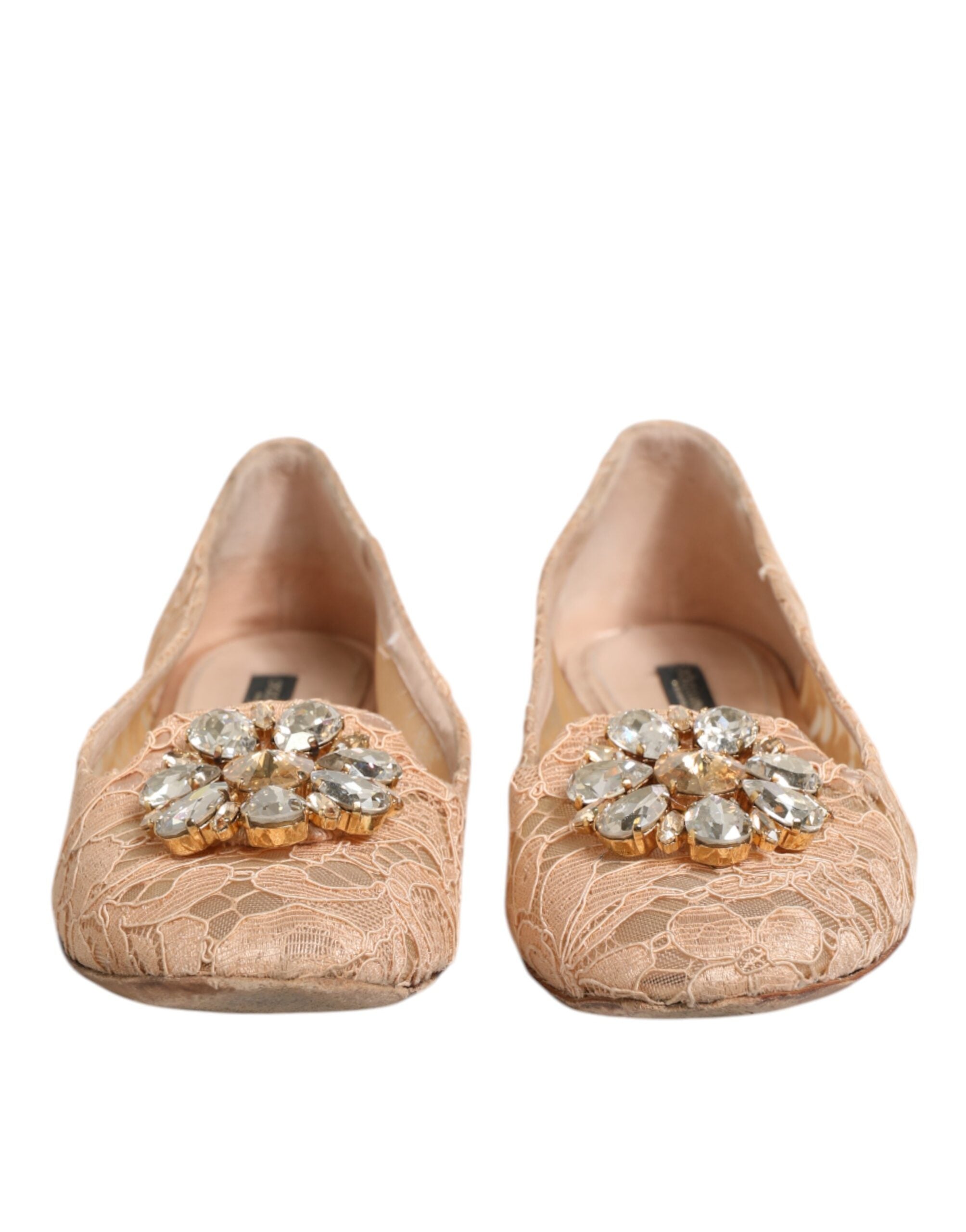 Dolce & Gabbana Beige Taormina Lace Crystals Flats Shoes