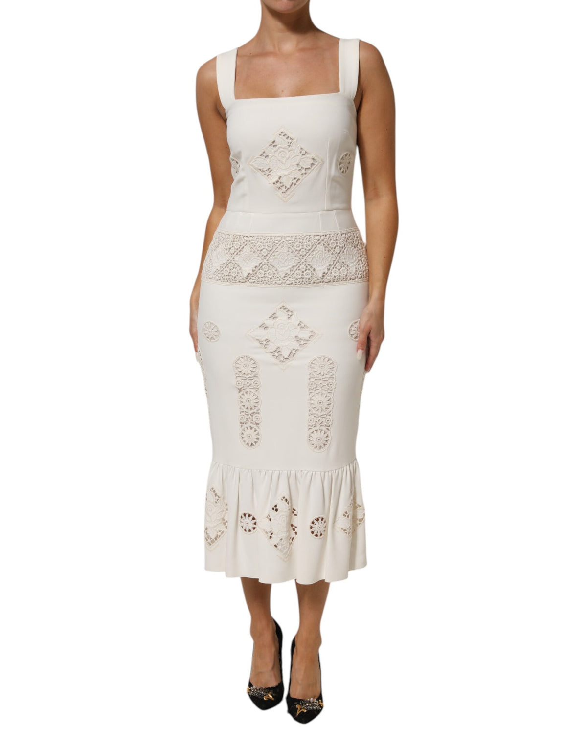 Dolce & Gabbana White Floral Lace Sleeveless Midi Dress