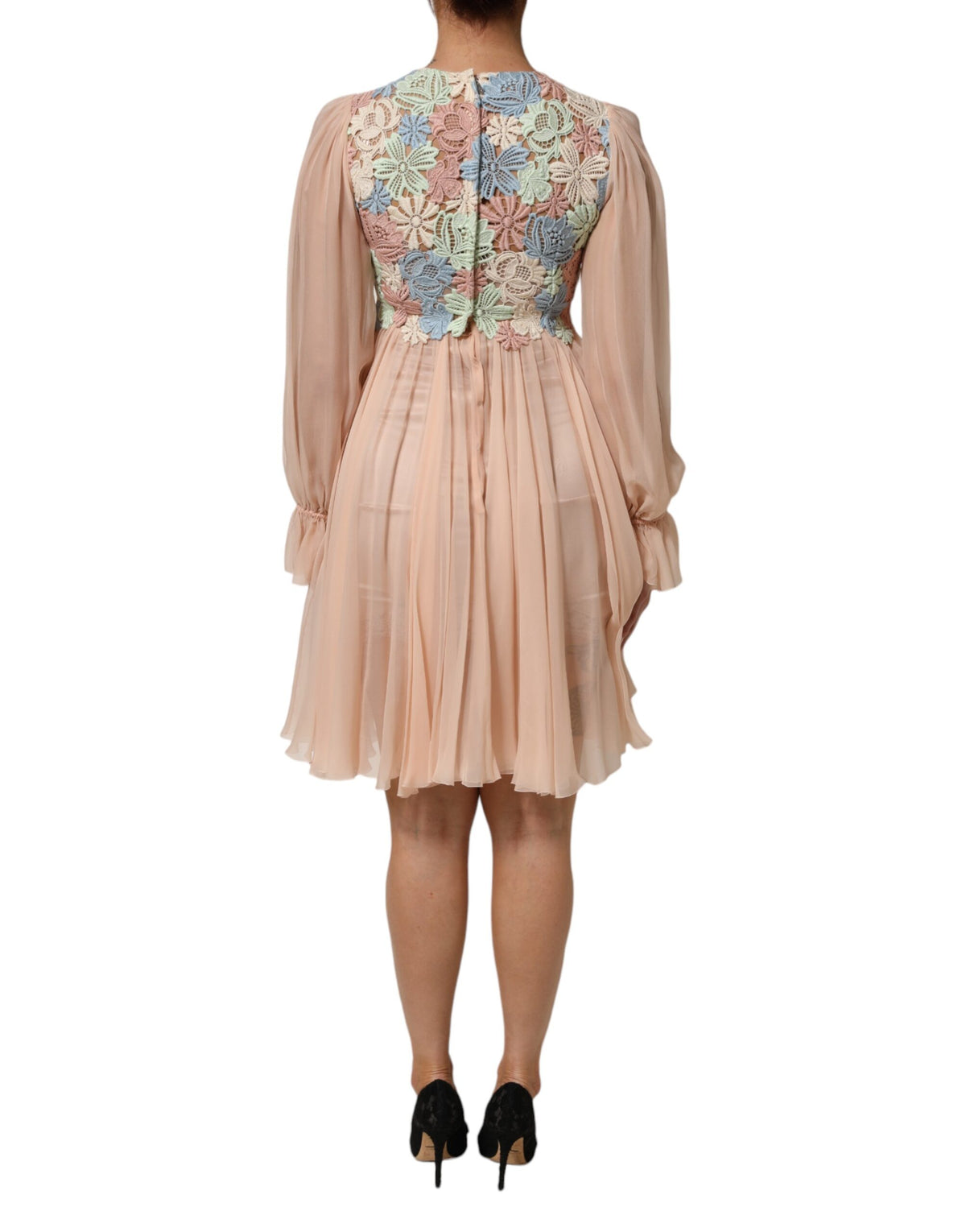 Dolce & Gabbana Pink Floral Embroidery Pleated A-line Dress