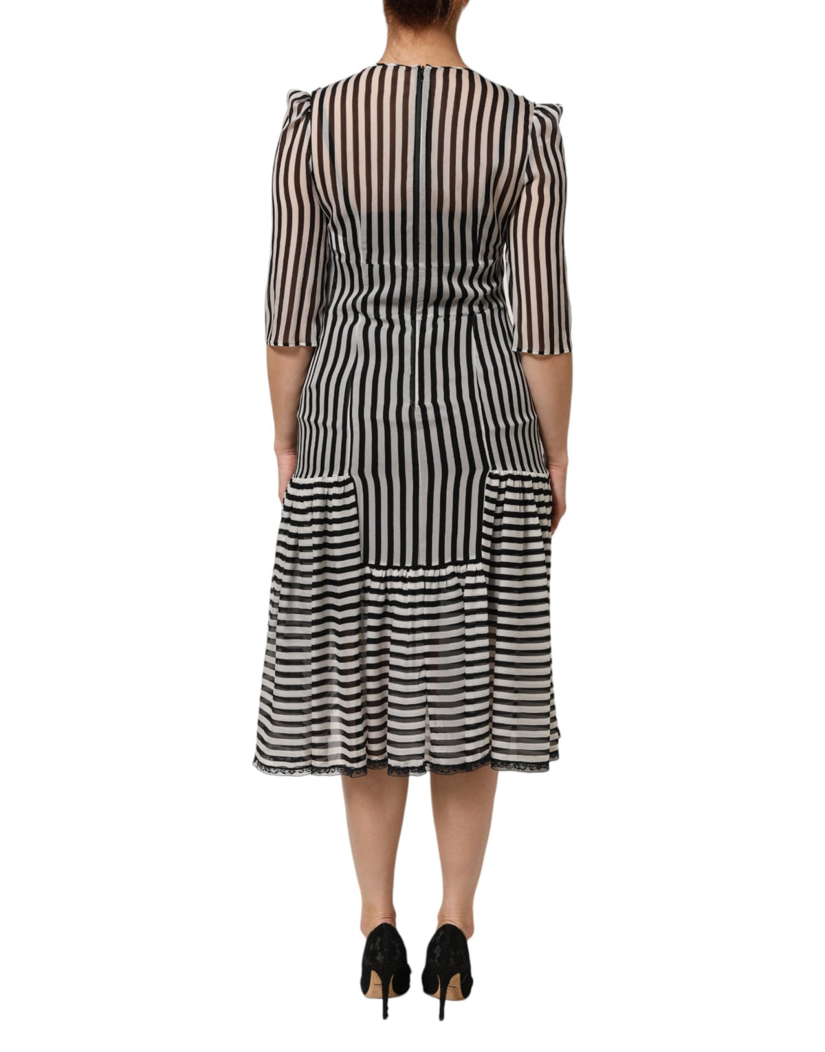 Dolce & Gabbana Black White Stripes Silk V-neck Midi Dress