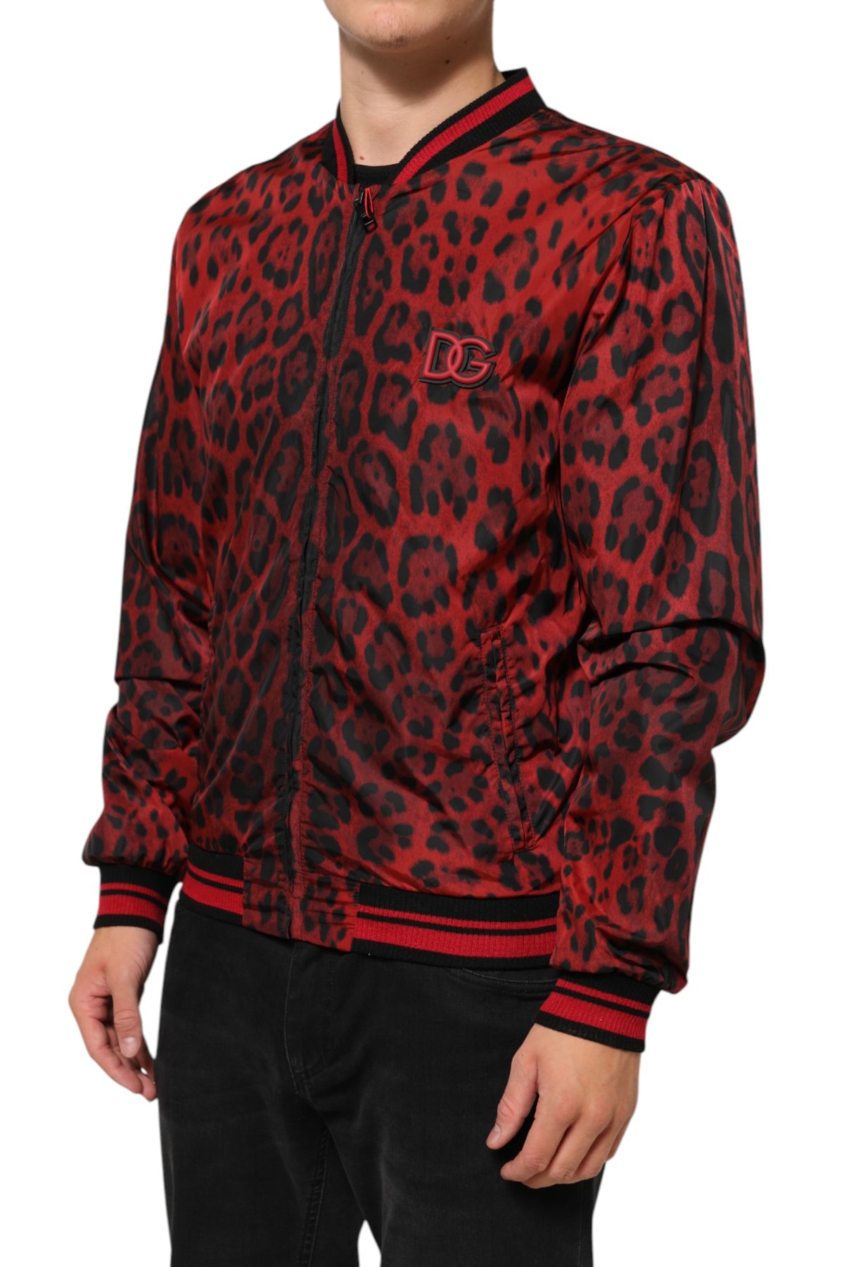 Dolce & Gabbana Red Leopard Print Full Zip Bomber Men Jacket
