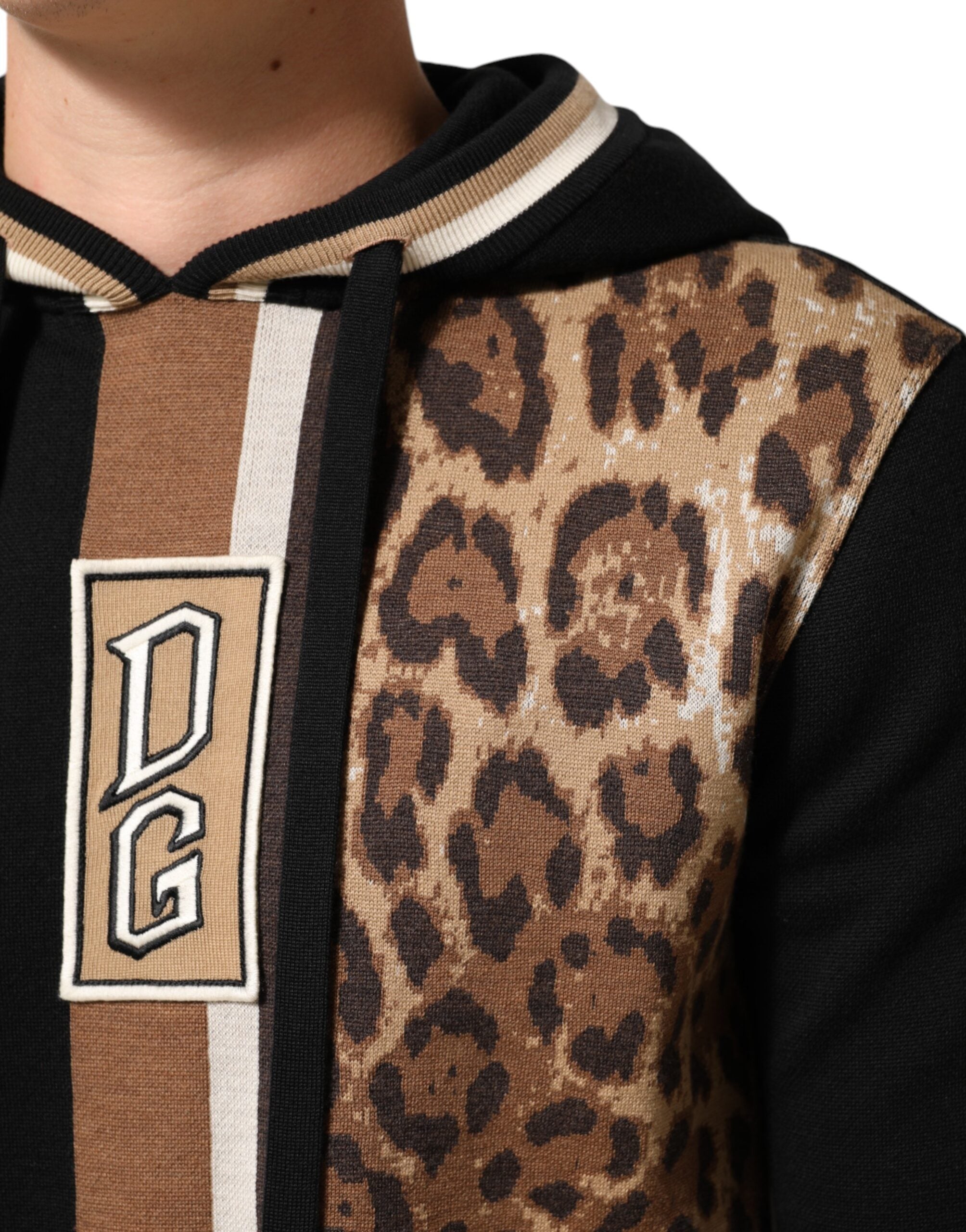 Dolce & Gabbana Black Leopard Logo Hooded Sweatshirt Sweater