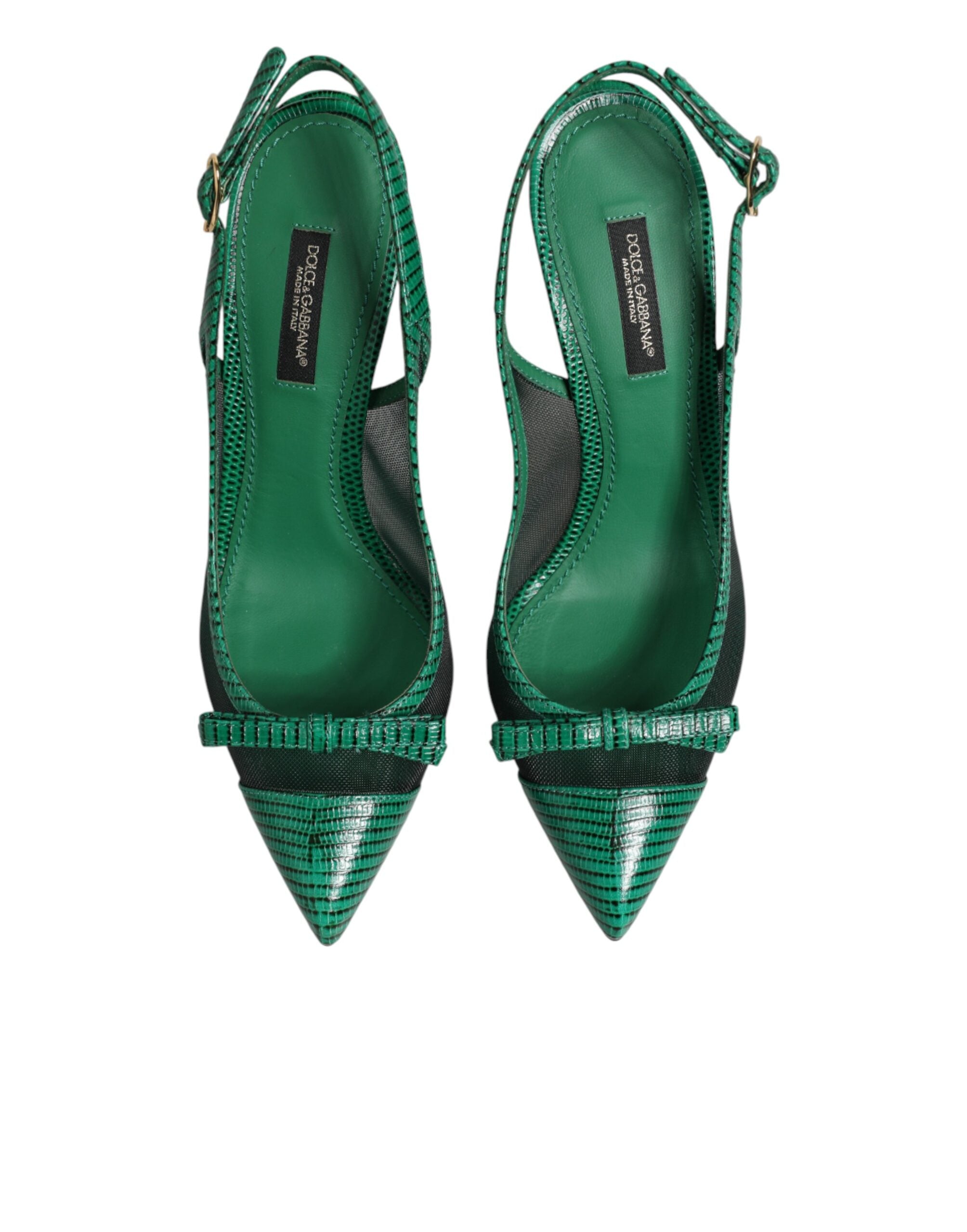 Dolce & Gabbana Green Leather Mesh Heels Slingback  Shoes