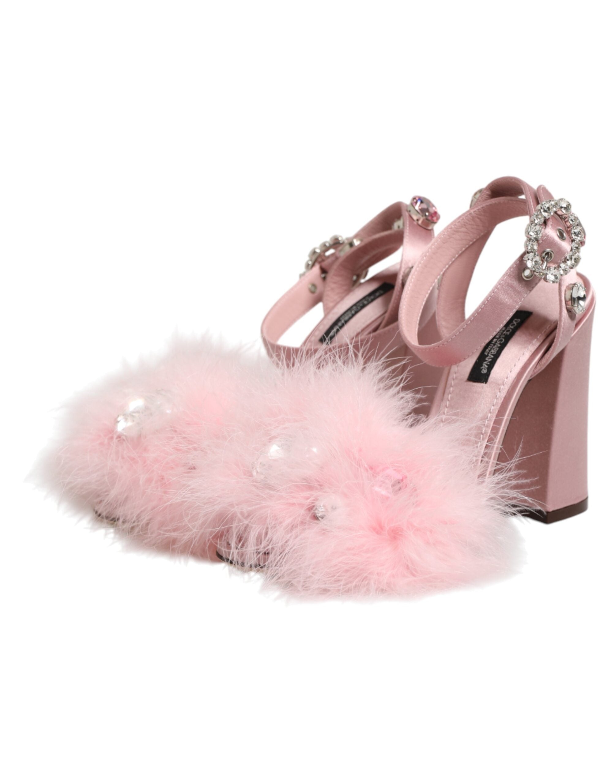 Dolce & Gabbana Pink Crystal Fur Embellished Sandals Shoes