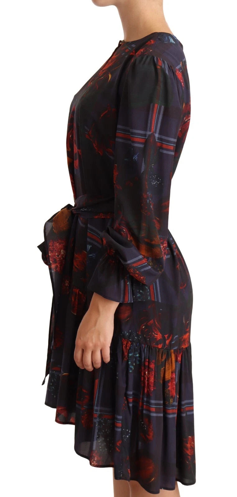 Ballantyne A-line Navy Blue Floral Silk Long Sleeve Knee Length Dress