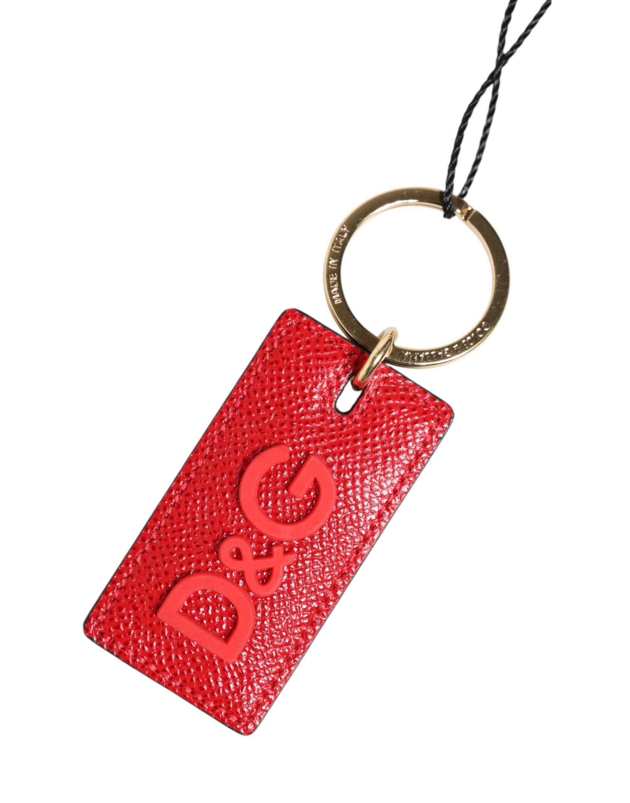 Dolce & Gabbana Red Calf Leather D&G Logo Metal Ring Keychain Keyring