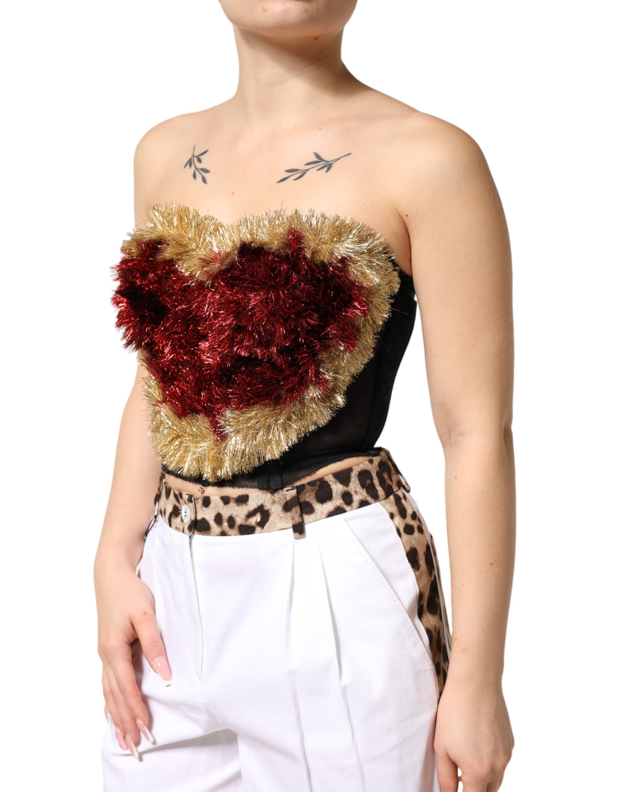 Dolce & Gabbana Black Gold Heart Bustier Corset Tinsel Top