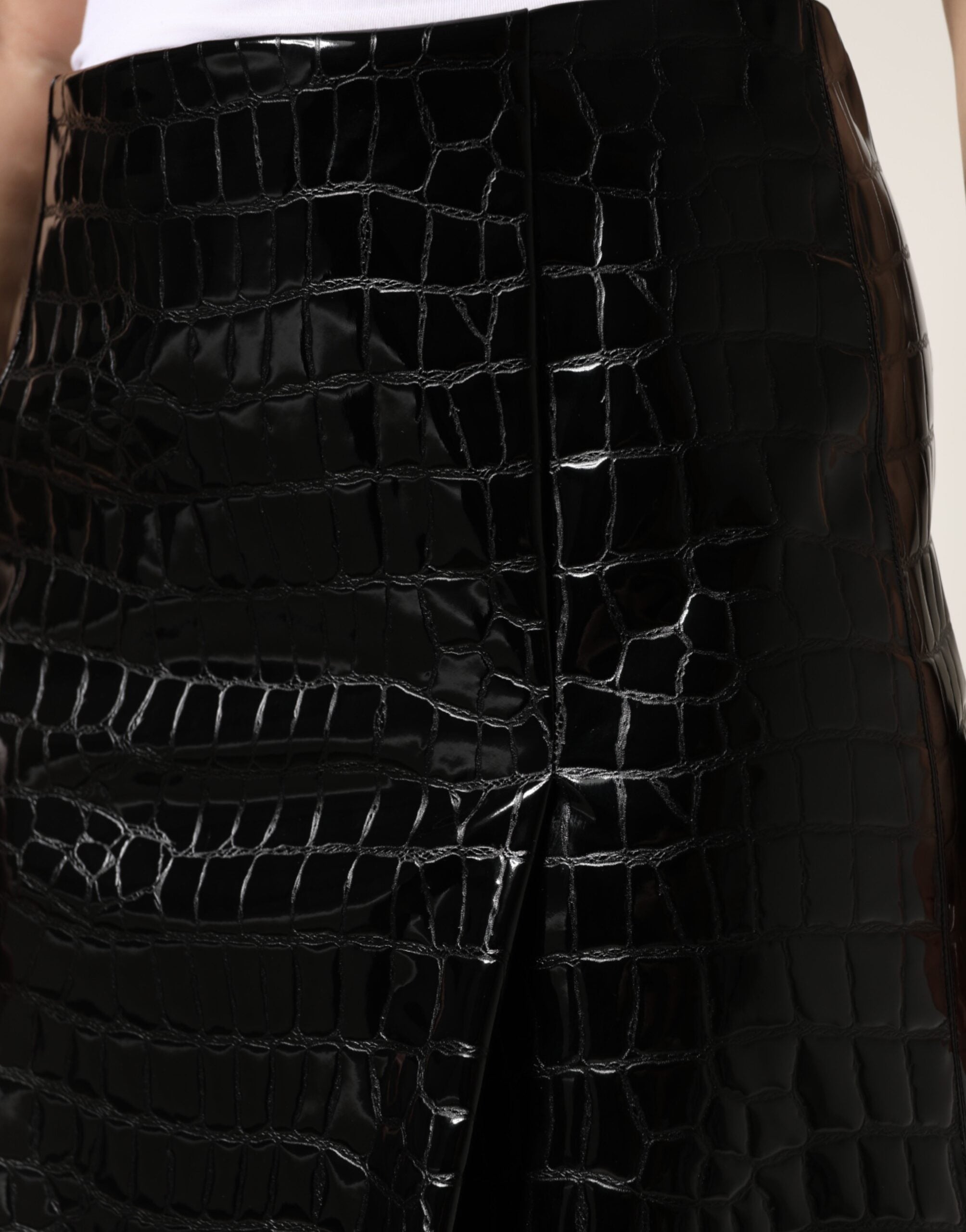 Dolce & Gabbana Black Croc Faux-Leather Mid Waist Midi Skirt
