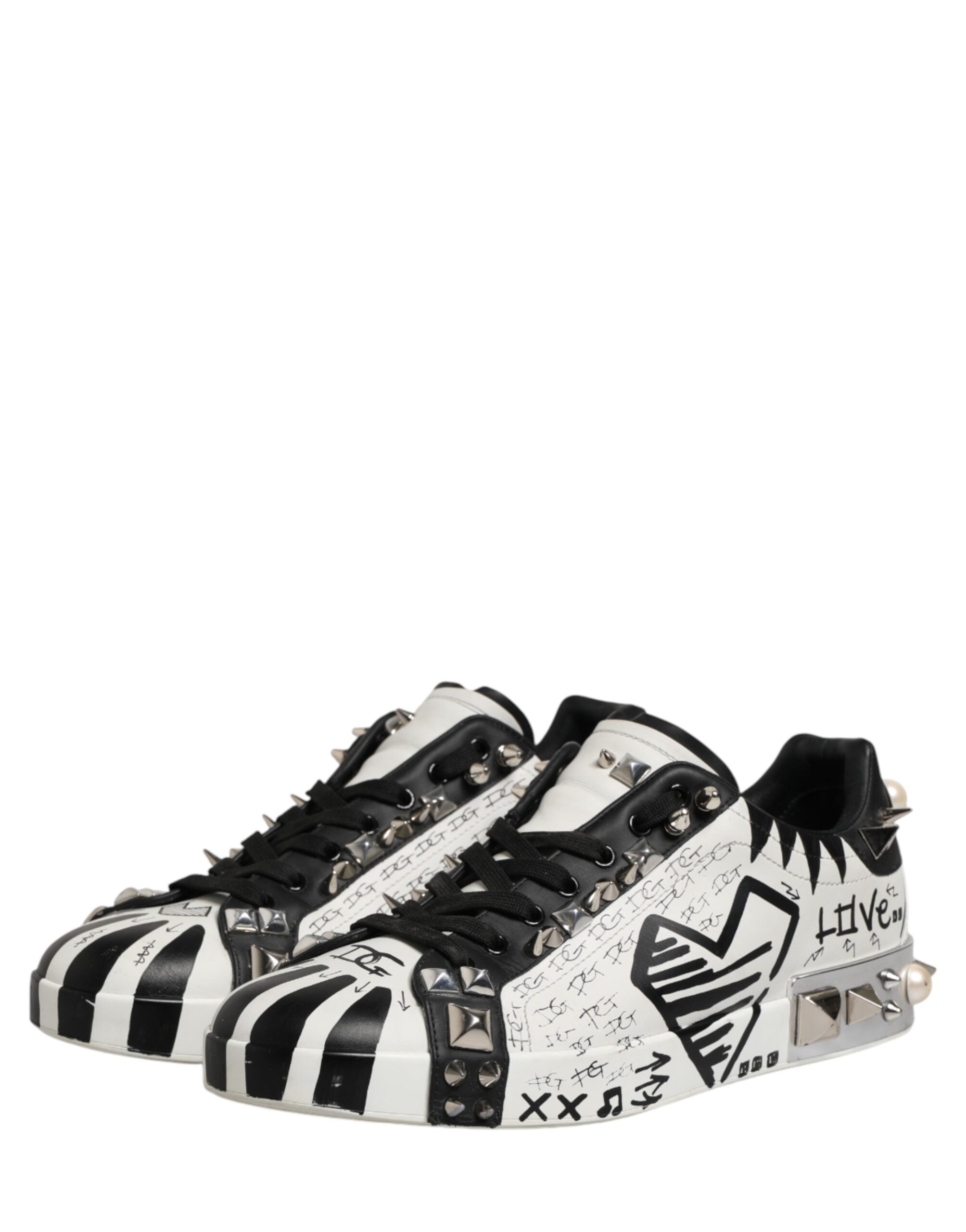 Dolce & Gabbana Black White Studded Low Top Sneakers Shoes