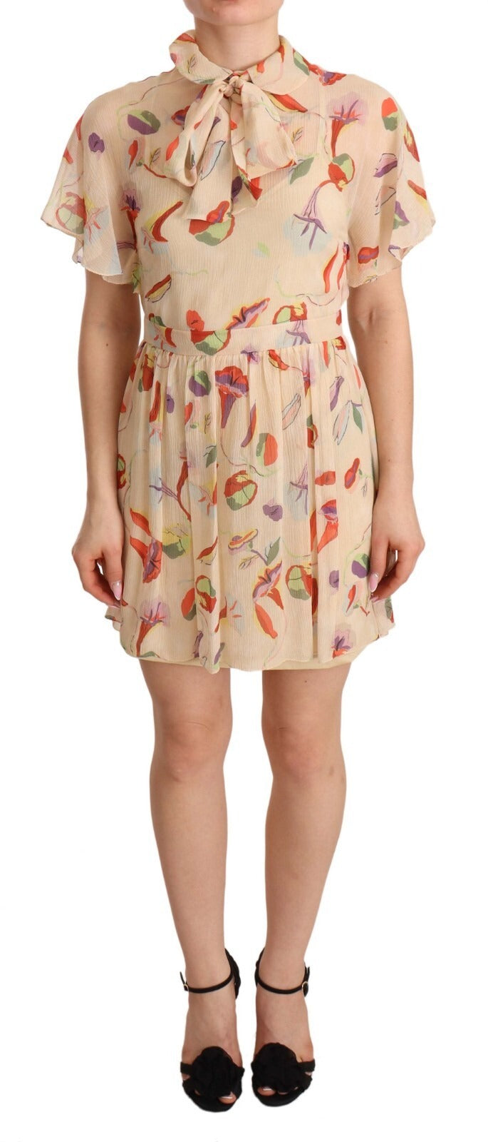 Red Valentino Beige Ascot Collar Short Sleeves Aline Mini Dress