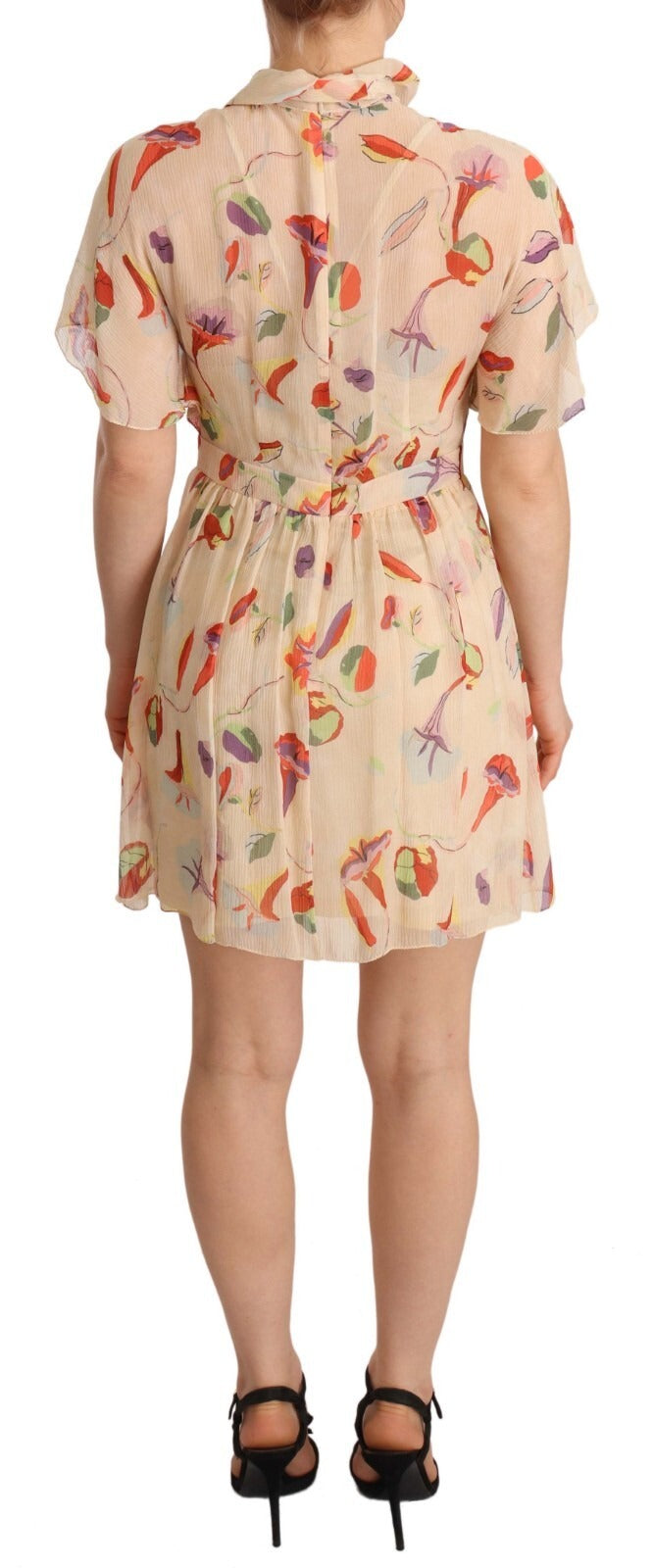 Red Valentino Beige Ascot Collar Short Sleeves Aline Mini Dress