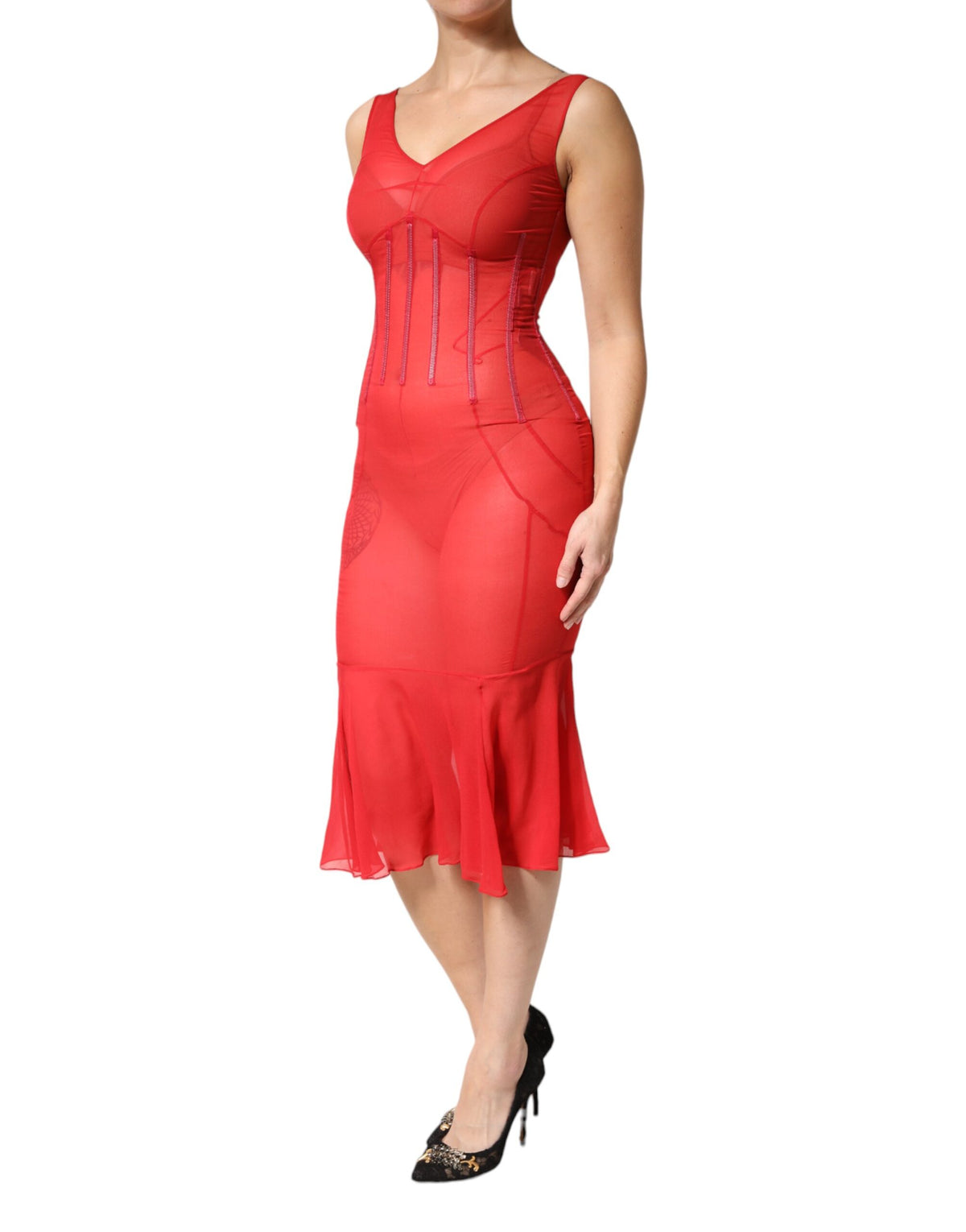 Dolce & Gabbana Red Silk Sleeveless Sheath V-neck Midi Dress