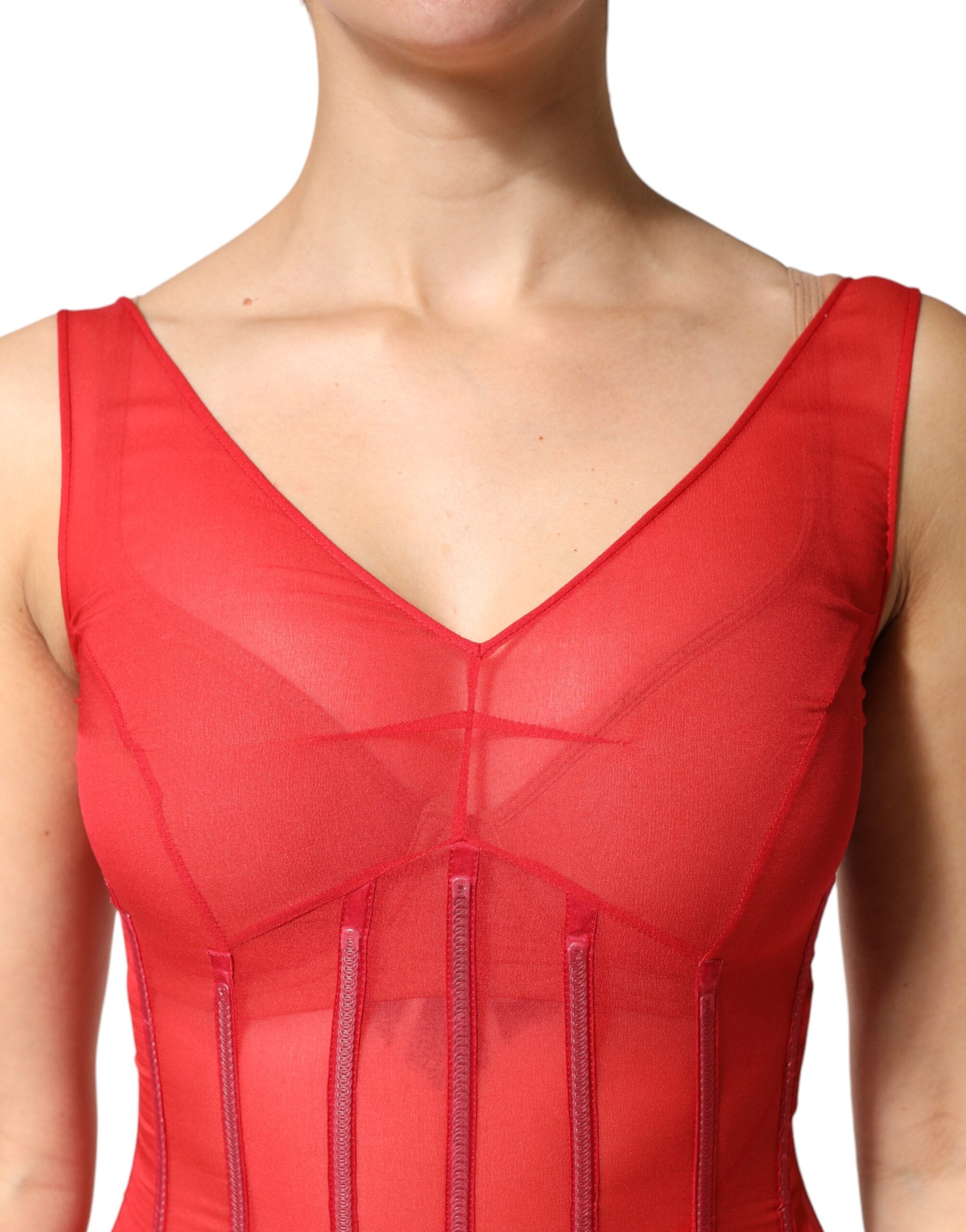 Dolce & Gabbana Red Silk Sleeveless Sheath V-neck Midi Dress