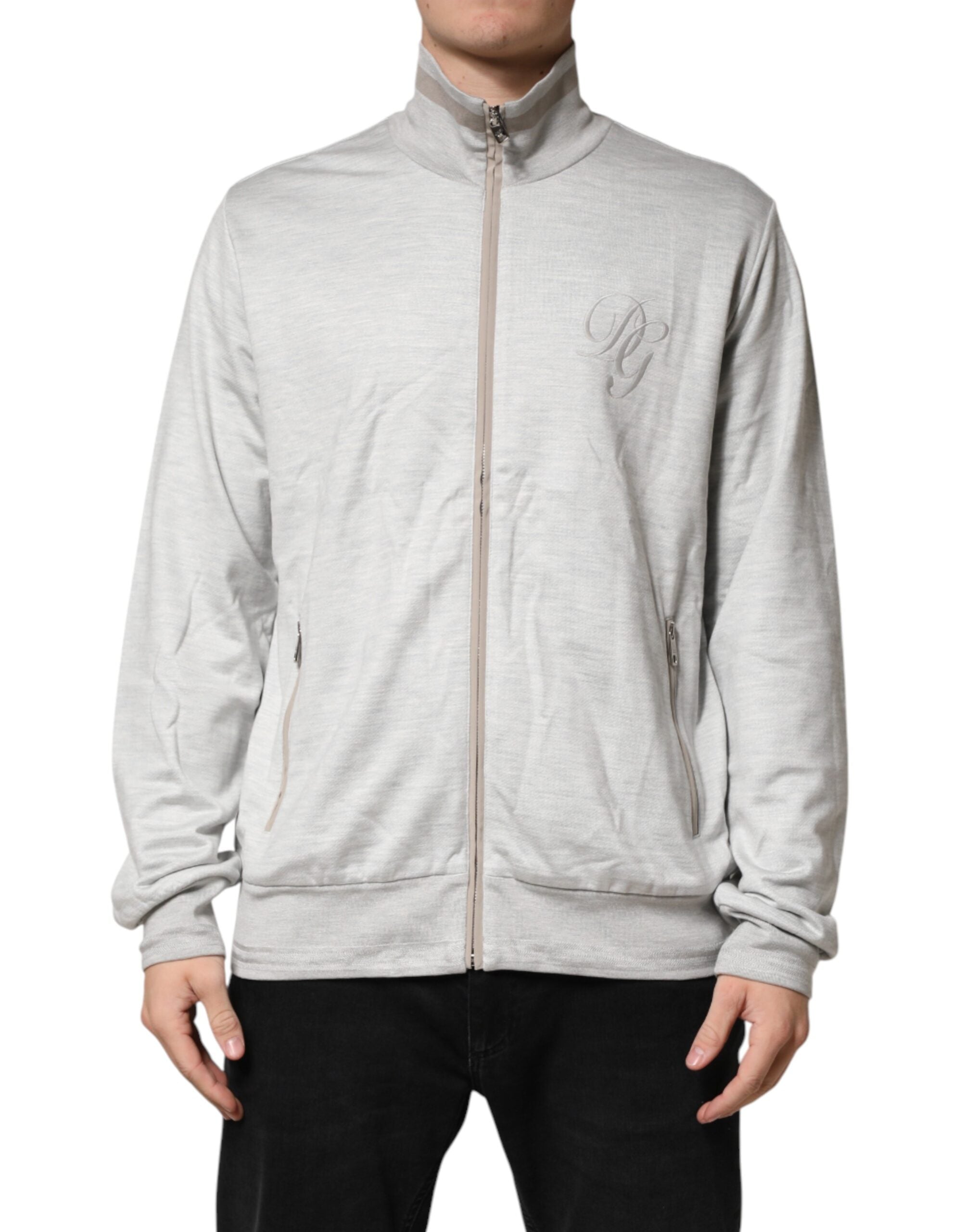 Dolce & Gabbana Light Gray Cotton Zipped Cardigan Sweater