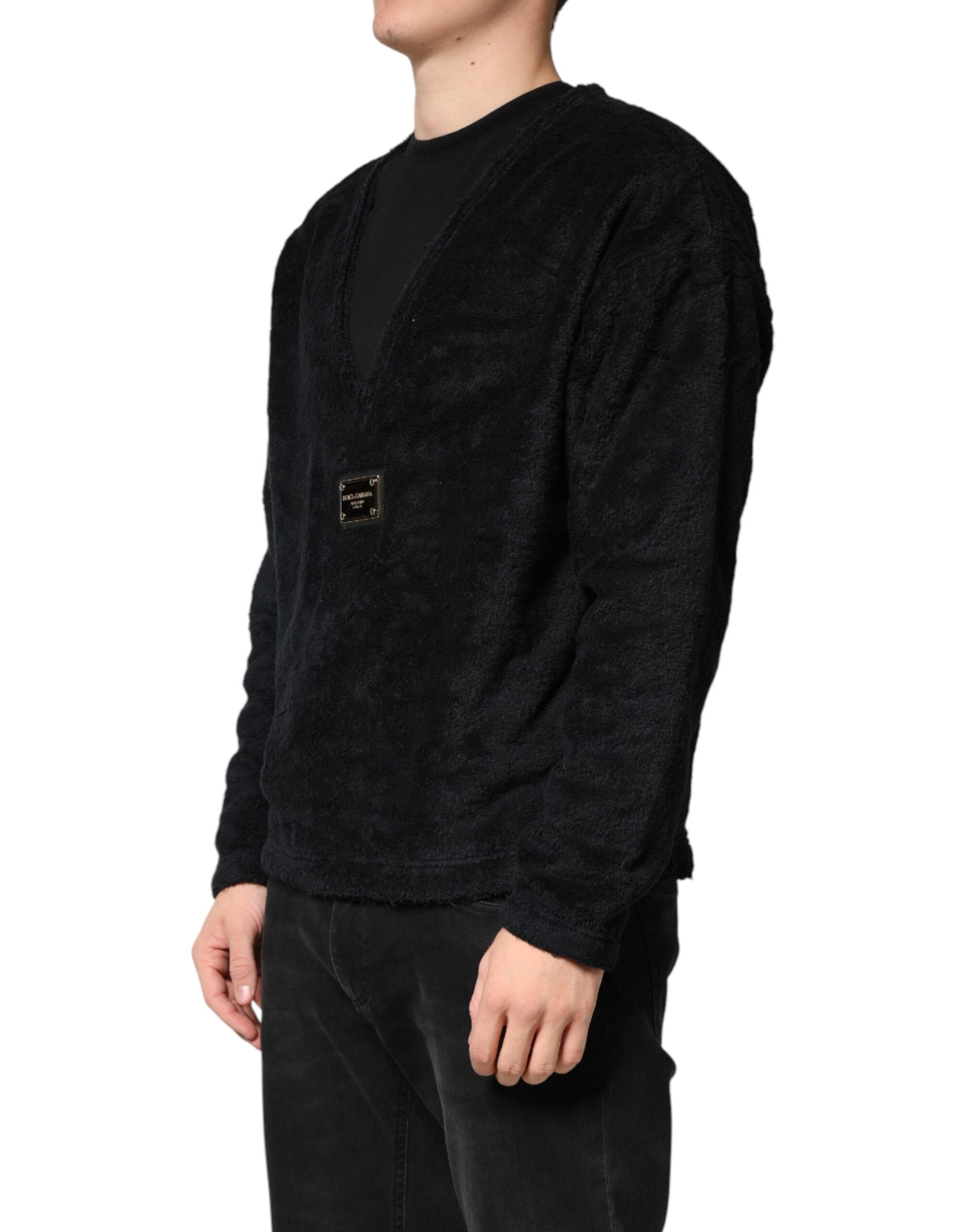 Dolce & Gabbana Black Cotton V-Neck Men Sweatshirt Sweater