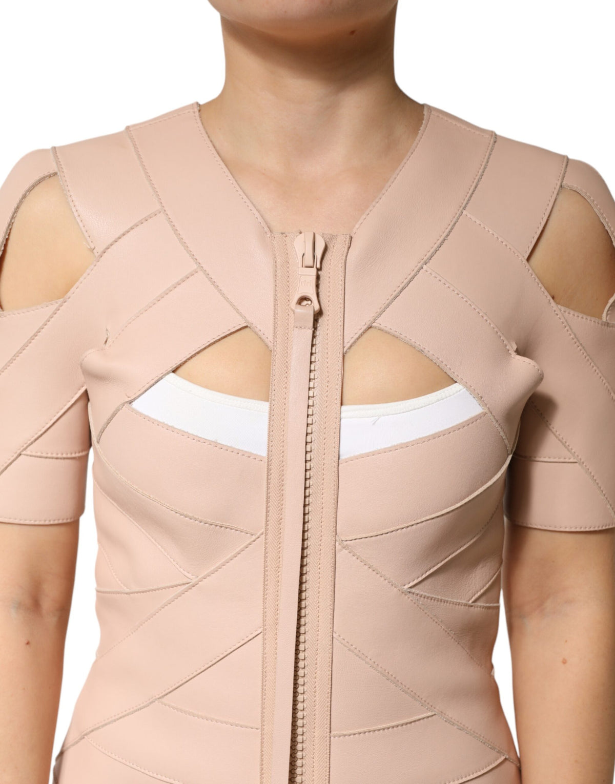Dsquared² Beige Leather Short Sleeves Sheath Mini Dress