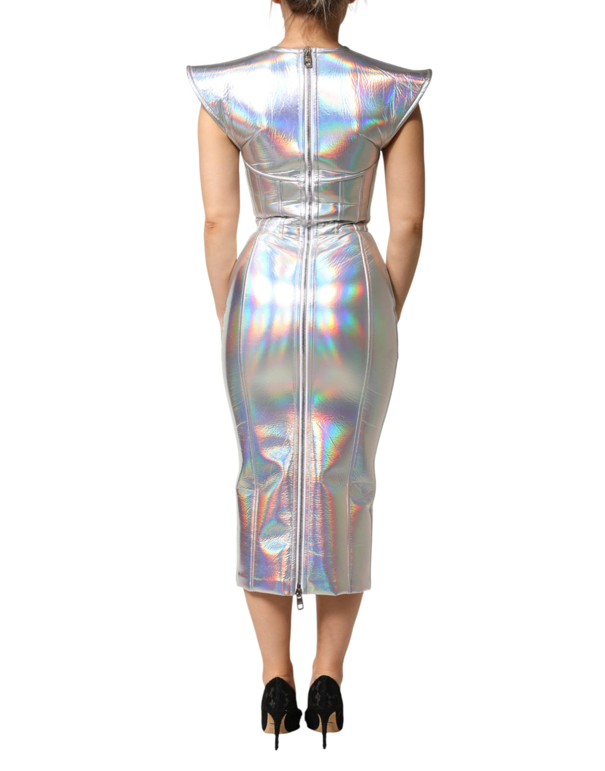 Dolce & Gabbana Silver Iridescent Bodycon Sheath Midi Dress
