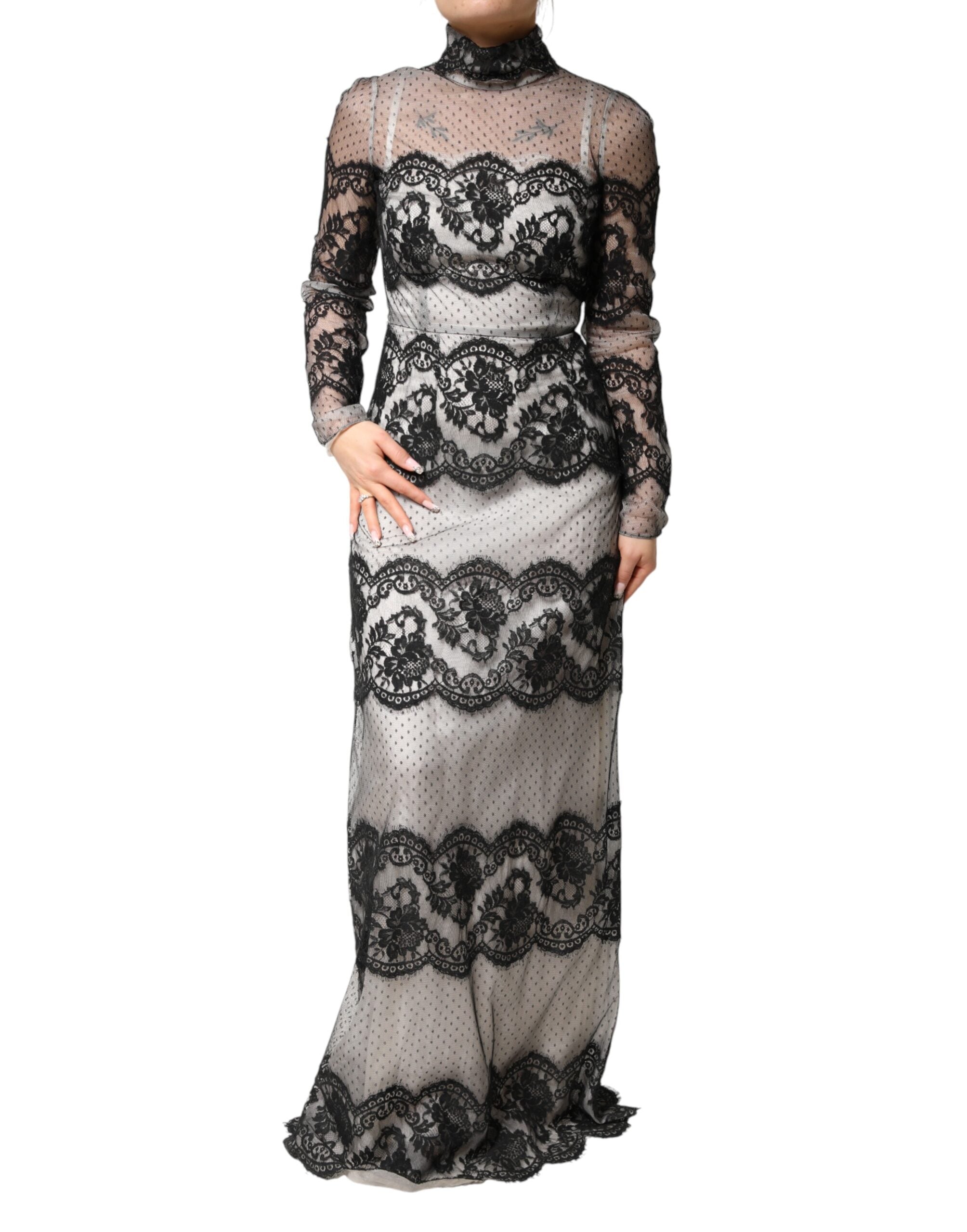 Dolce & Gabbana Black White Lace Silk Blend MaxiSheath Dress