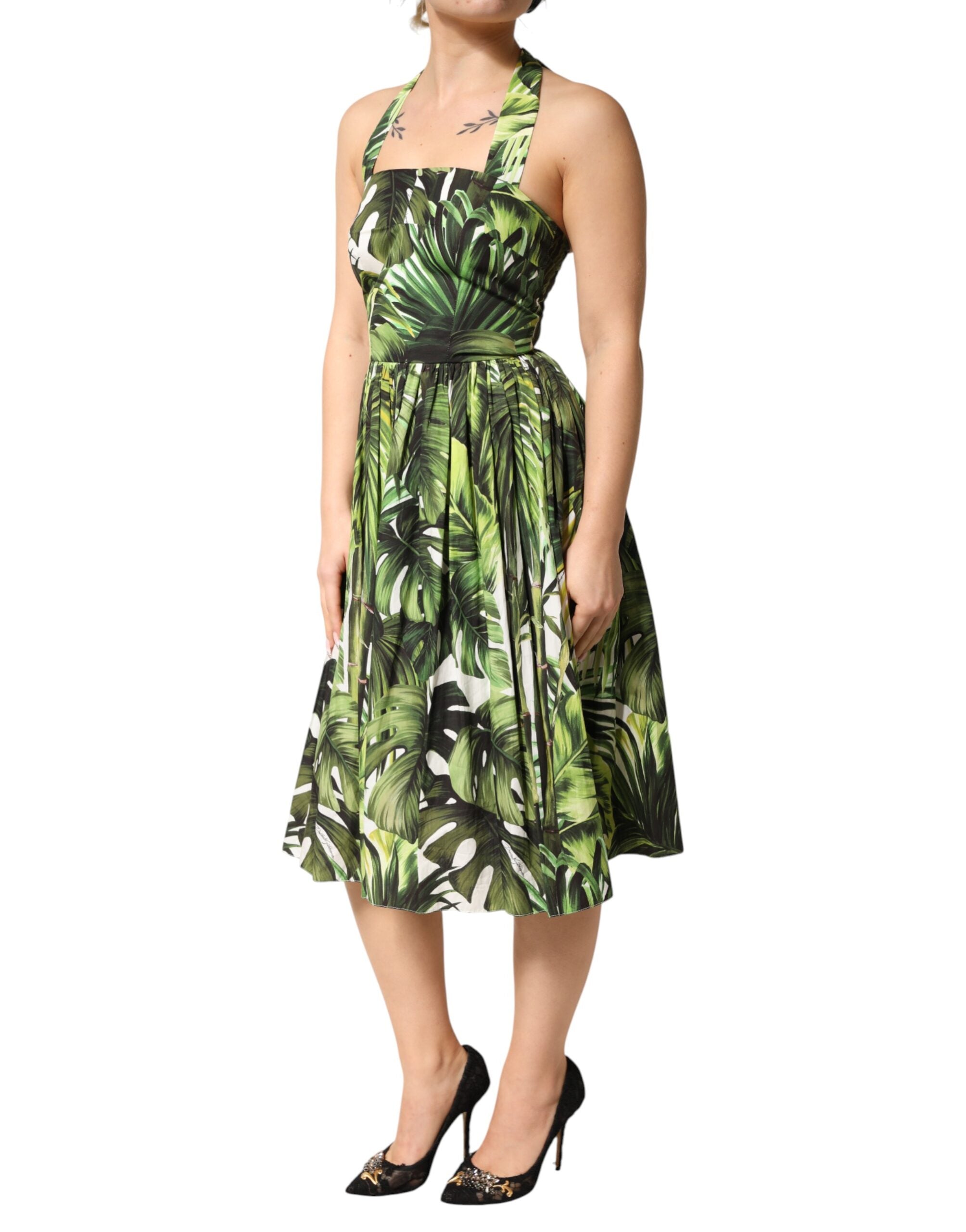 Dolce & Gabbana Green Leaves Print Cotton Halter Midi Dress