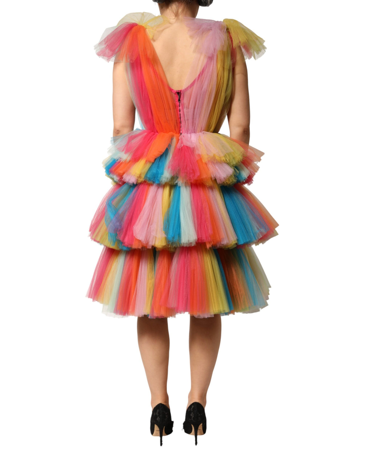Dolce & Gabbana Multicolor Nylon Tiered Tulle Midi Dress