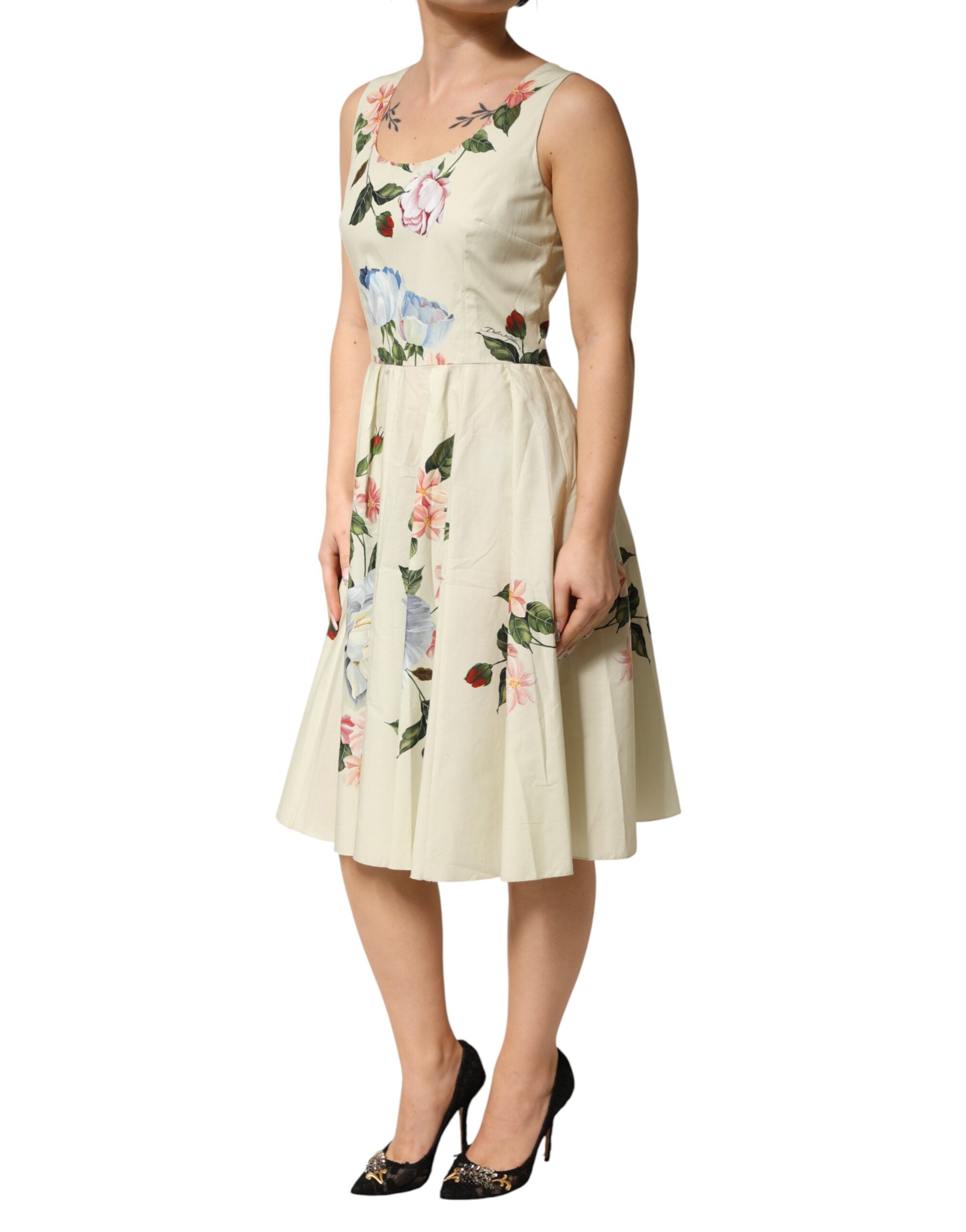 Dolce & Gabbana Beige Floral Sleeveless A-line Dress